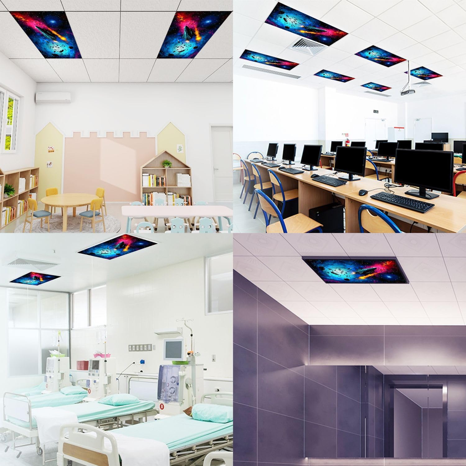 Fluorescent Light Covers for Ceiling Lights Spaceship Around Planetary System Nebula Stars 3D Easy to Install Magnetic Light Filter for Classroom Office Hospitals School Home Decor