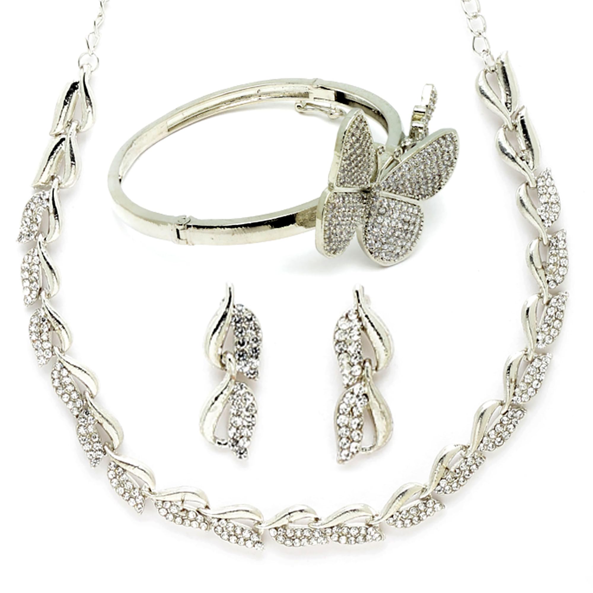 ZENEME American Diamond Studded Leaf Shaped Necklace With Earring and Butterfly Shaped Bracelete Jewellery Shaped For Women and Girl (Silver) (B0B5VDJ1C1) Amazon Price History, Amazon Price Tracker