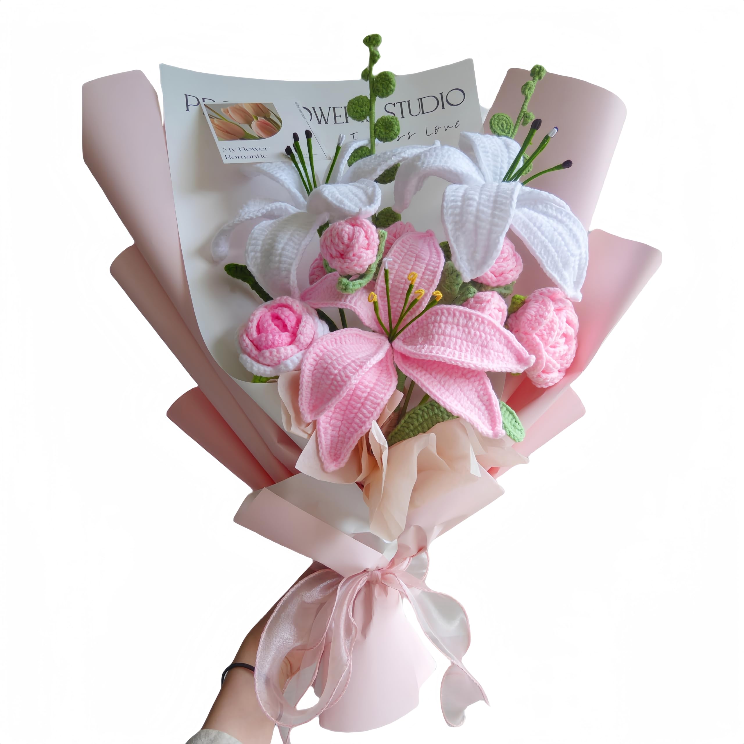 Crochet Flowers Bouquet, Handmade Knitted Rose,Lily,tulip for Anniversary,Birthday,Girlfriend,Mother day sister knit forever Flower (Pink Lily Bouquet