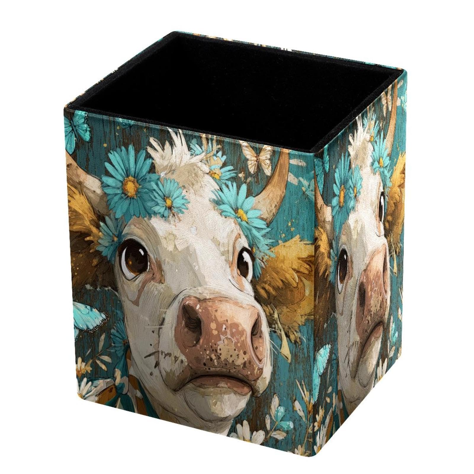 DragonBtu Desktop Pencil Holder, Blue Daisies and Cow Rectangular Pencil Cup, Pencil Storage Bag Office Desk Supplies Case for School, Kids
