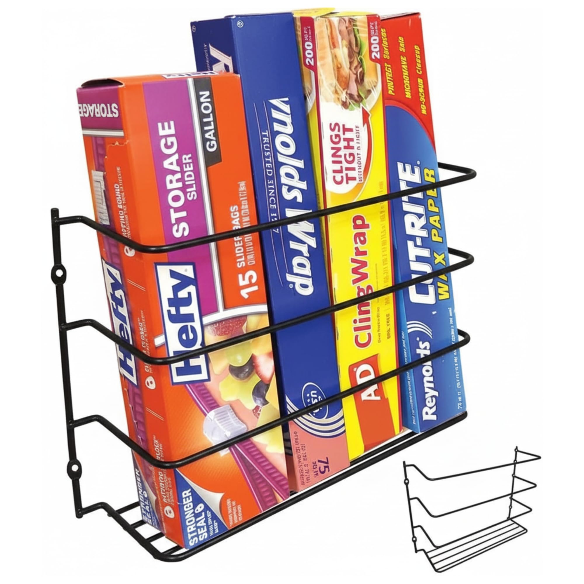 Evelots Kitchen Wrap Organizer - 2 Pack - Hold up to 4 Plastic, Foil, Paper, Wax - Cabinet Door, Wall Rack Basket - Sandwich, Freezer, Food Bag Storage - Laundry Supplies - Black