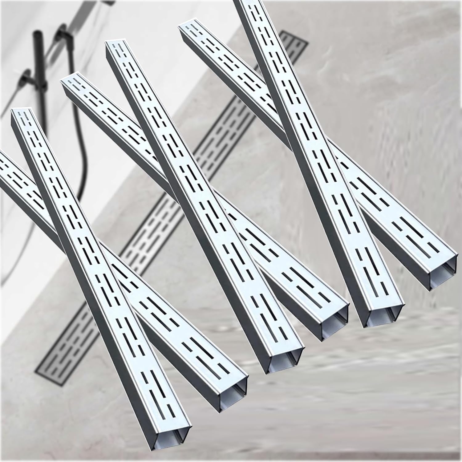 Stainless Steel Linear Shower Drain Kit, 6-Pack Narrow Rectangular Water Drainage Channels for Bathroom, Deck, Garage, 100x10x3cm, Durable, Easy Installation