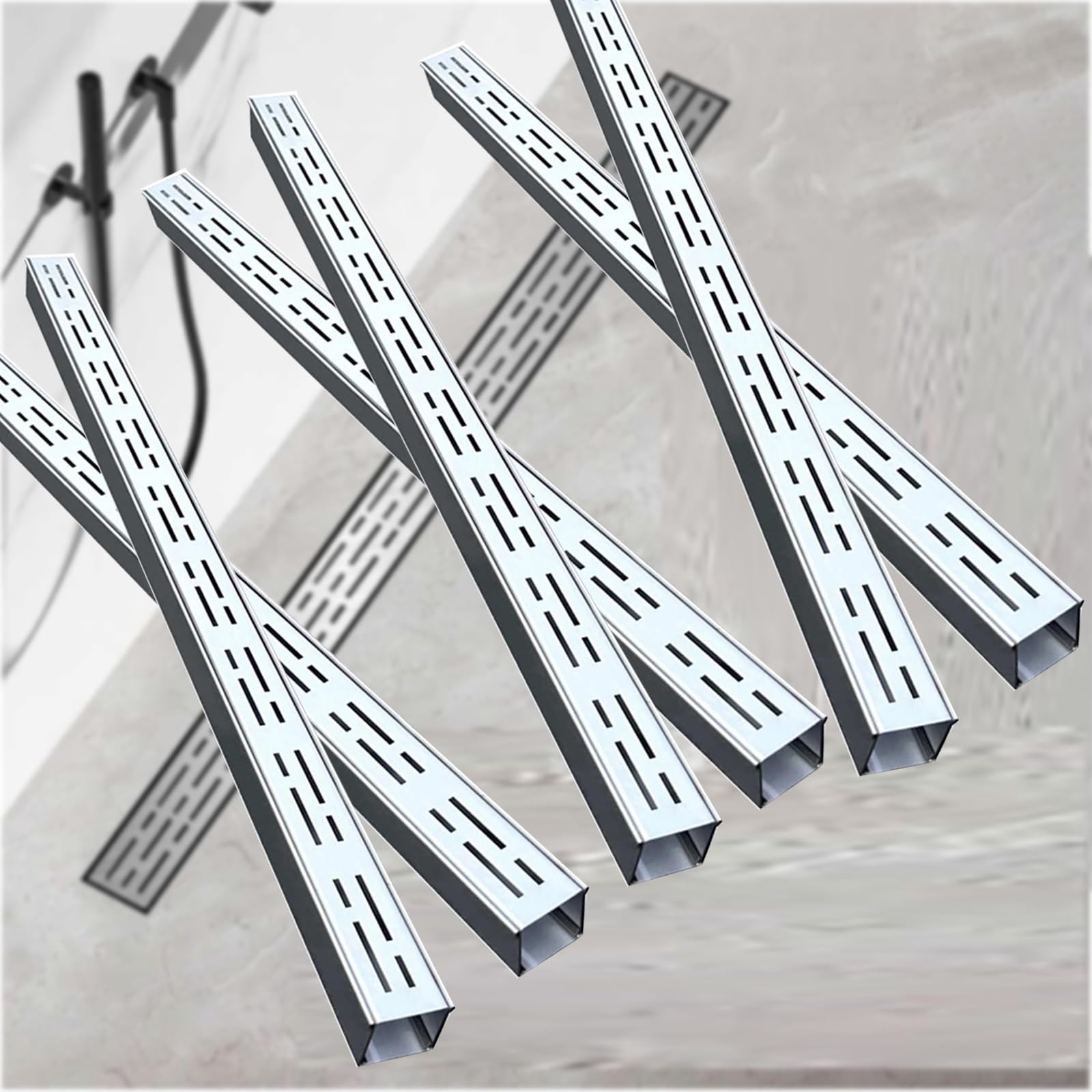 Generico Kit di Scarico lineare per Doccia in Acciaio Inox - Confezione da 6 canali di drenaggio rettangolari Stretti per Bagno, Ideale per terrazze, Cortili e Garage (1