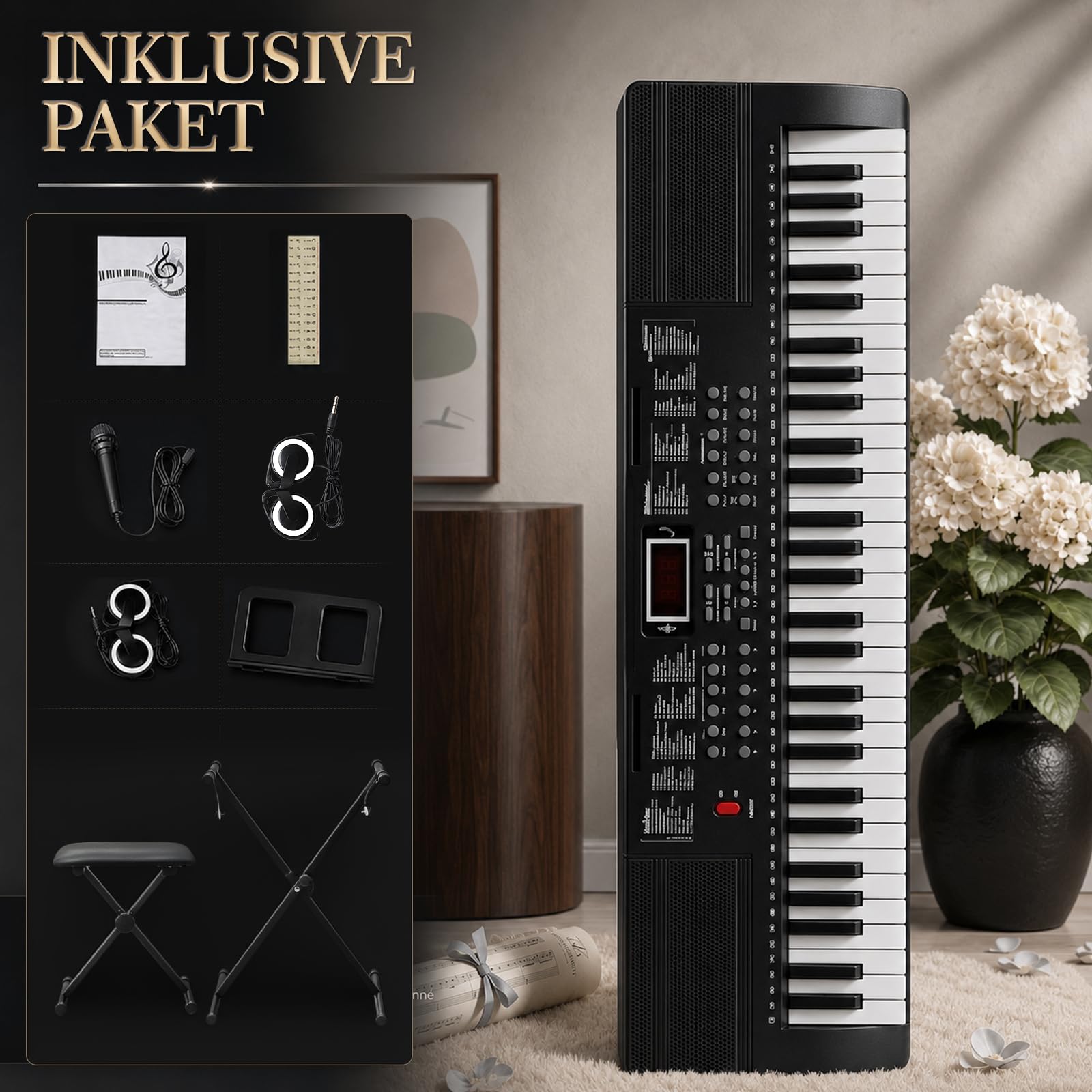 LEADZM Keyboard Piano 61 Tasten mit X-Ständer, Digital Piano mit LCD, USB-MIDI, Klavierbank, Notenständer, Kopfhörer, Mikrofon, 200 Rhythmen, 200 Tönen und 80 Demos für Anfänger (Schwarz)