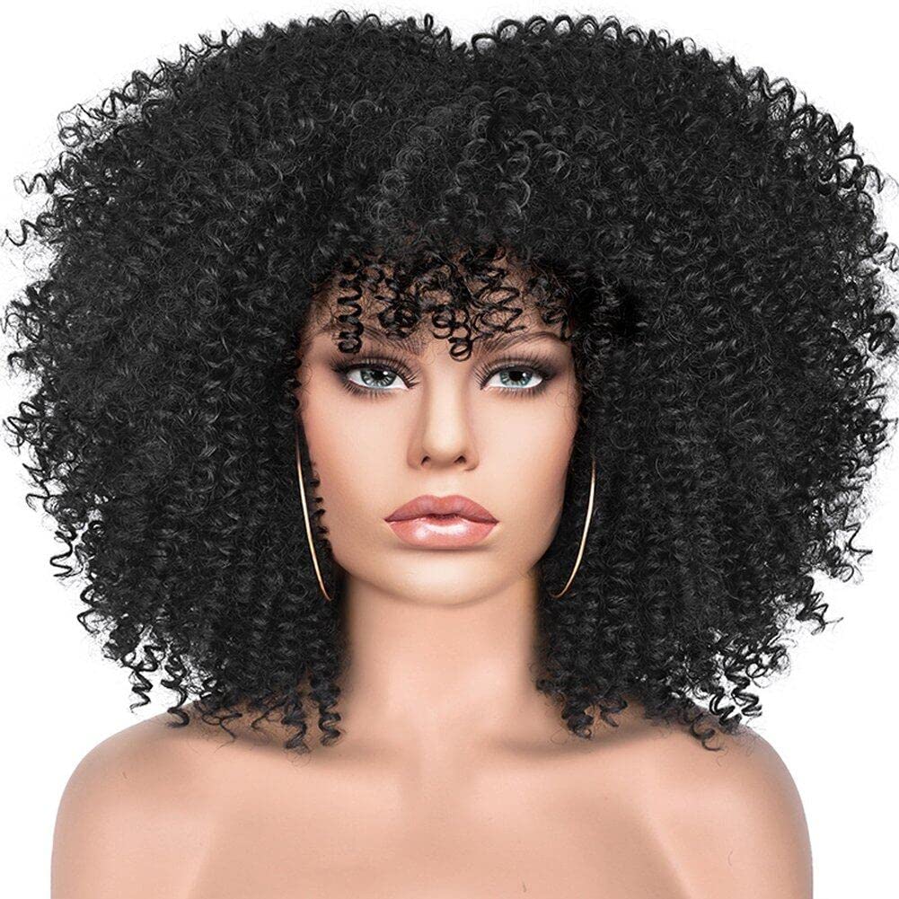 Sanfly Women's Black Afro Wigs For Short Curly Afro Wig With Bangs Ombre Dark Brown Kinky Curly Wig Synthetic Heat Resistant Full Wig