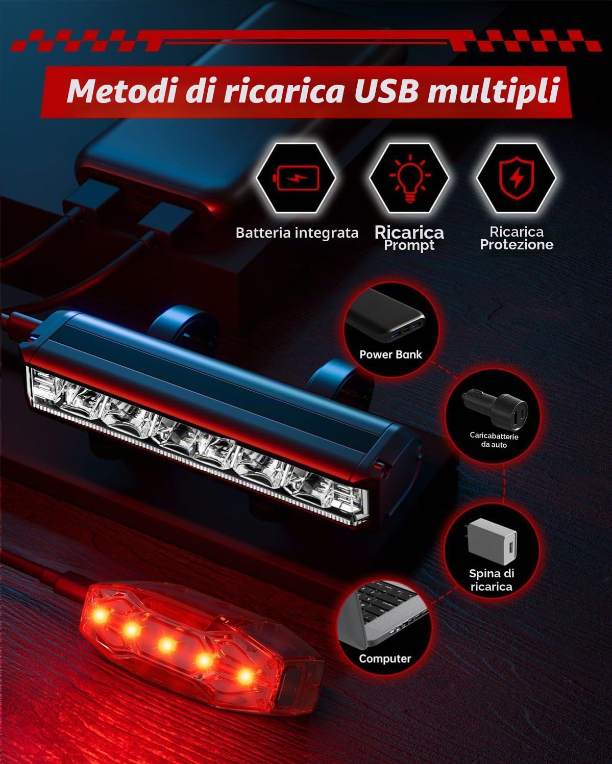POSUGEAR Luci Bicicletta LED Accessori, Luce Bici Ricaricabili USB Anteriore e Posteriore, IPX5 Fanale Bici Torcia per MTB Corsa Monopattino Elettrico Ebike Adulto