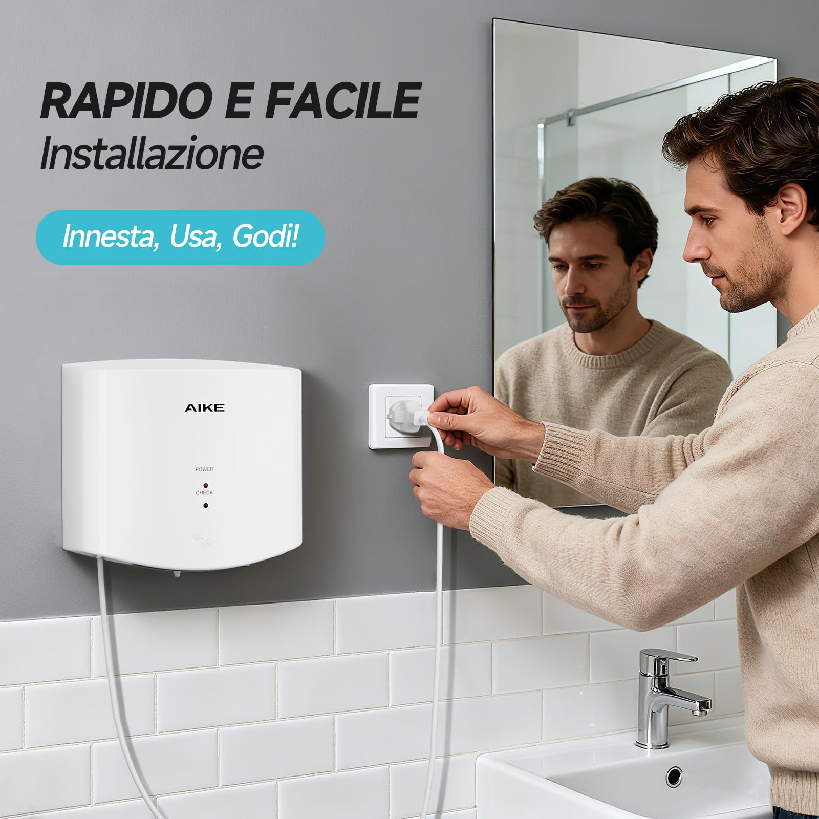 AIKE Air Wiper Asciugamani Compatto, Asciugatura ad Alta velocità, 1400W 220V, Collega e USA, Senza Carta e Senza Contatto per Bagni Pubblici, AK2630S (Bianco)
