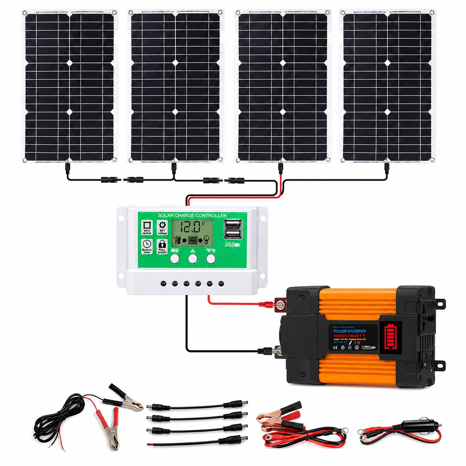 12V-220V Kit Inverter Solare 4000W/6000W Con Pannello 100W E Regolatore 50A | Conversione 12V DC-110V/220V AC, Ricarica Solare 100W, Sistema Off-Grid Per Casa, Camper, Baita(4000W,12V-110V)
