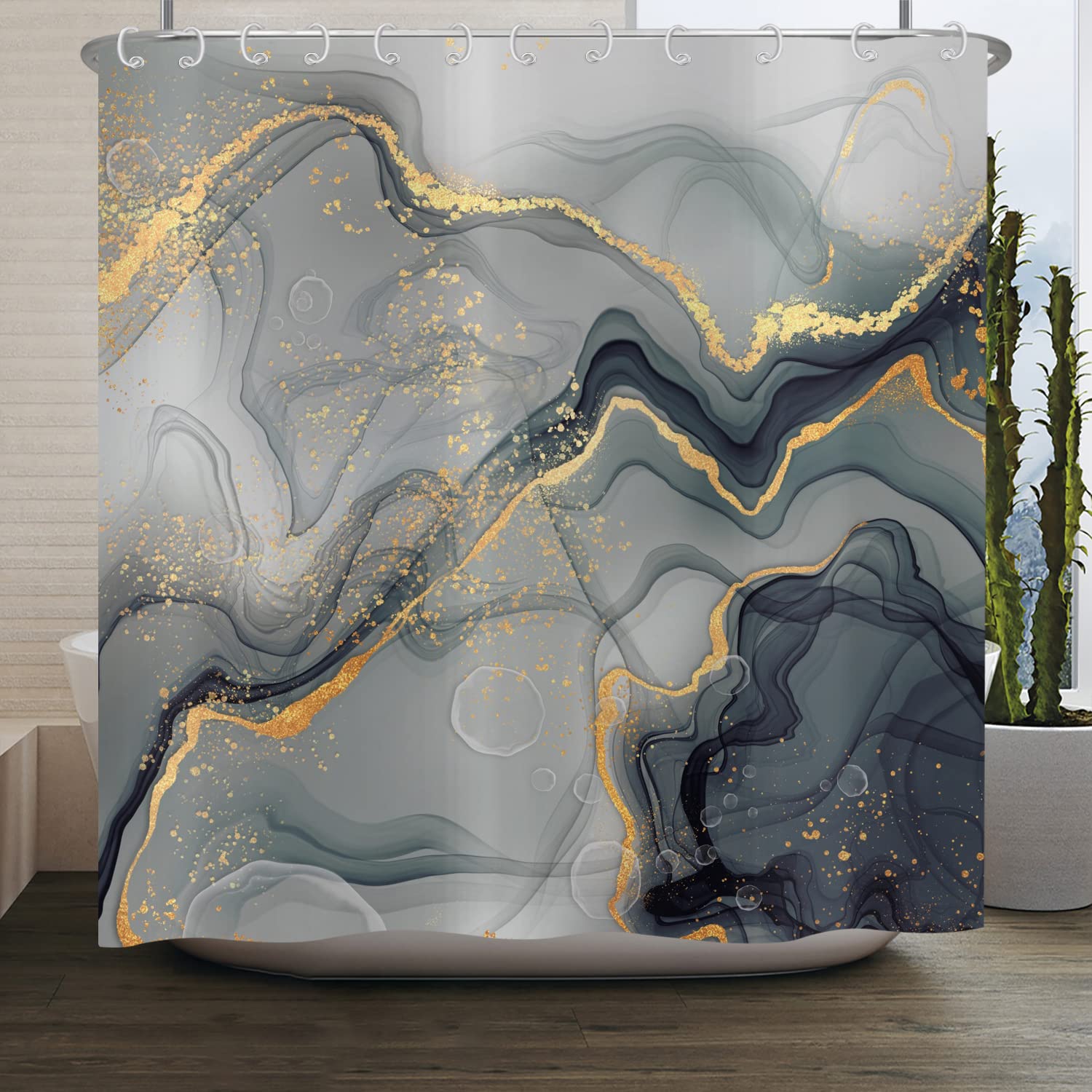 ASDCXZ Shower Curtain Marble 165x180 cm, Modern Abstract Grey Gold Cyan Marble Optic Texture Washable Bath Shower Curtains Polyester Textile Waterproof Shower Curtain for Bathtub with 12 Hooks