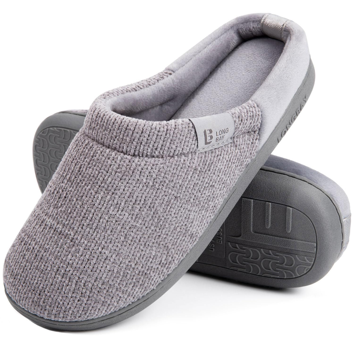 LongBay Damen Hausschuhe mit Memory Foam rutschfeste bequeme Slip-On Pantoffeln Grau,40-41 EU