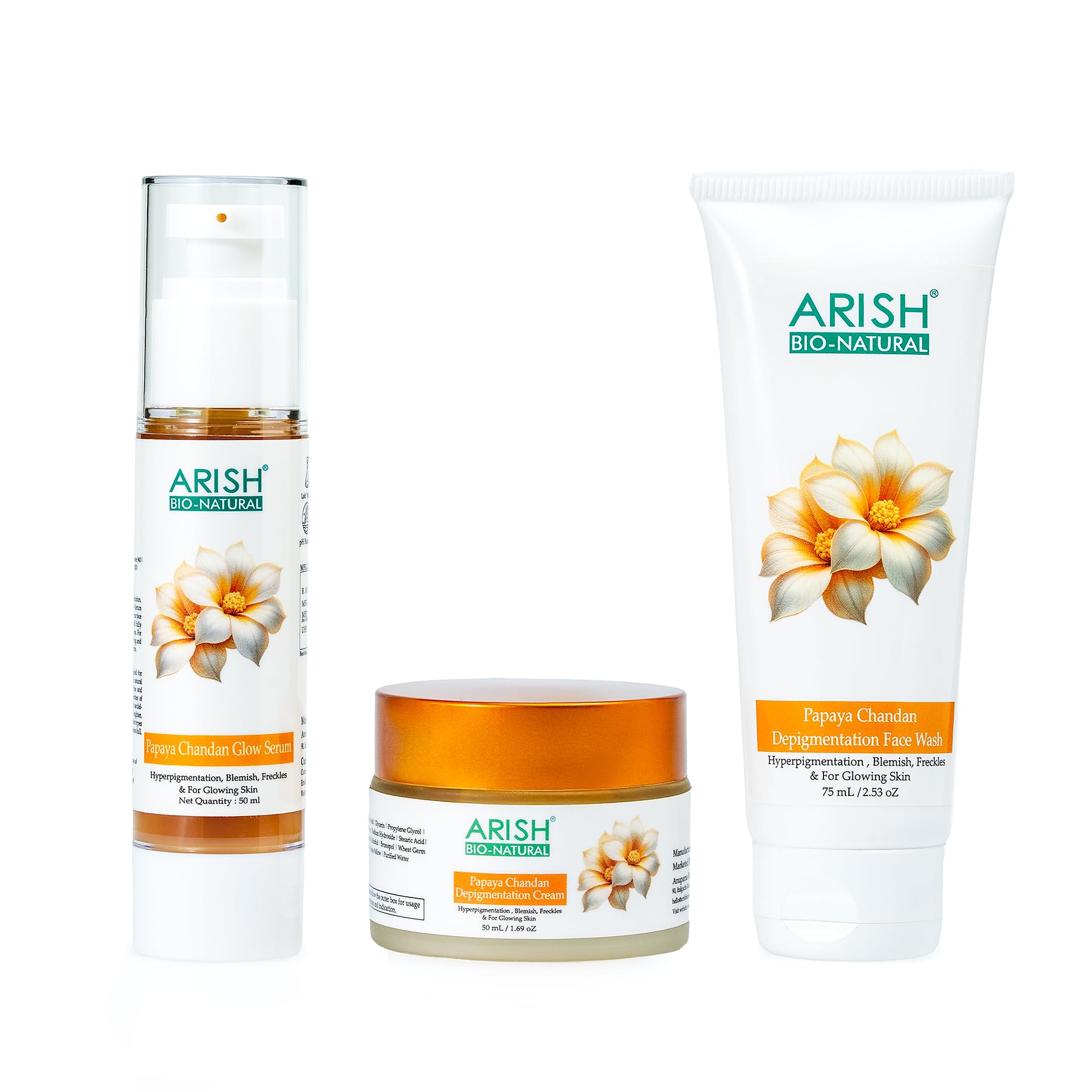 ARISH BIO-NATURAL Papaya Chandan Skincare Combo Pack of 3 | Face Serum- 50ml, Face Wash- 75ml & Cream- 50ml | Skin Brightening, Dark Spot Care, Pigmentation Care | Niacinamide & Sandalwood-image-16