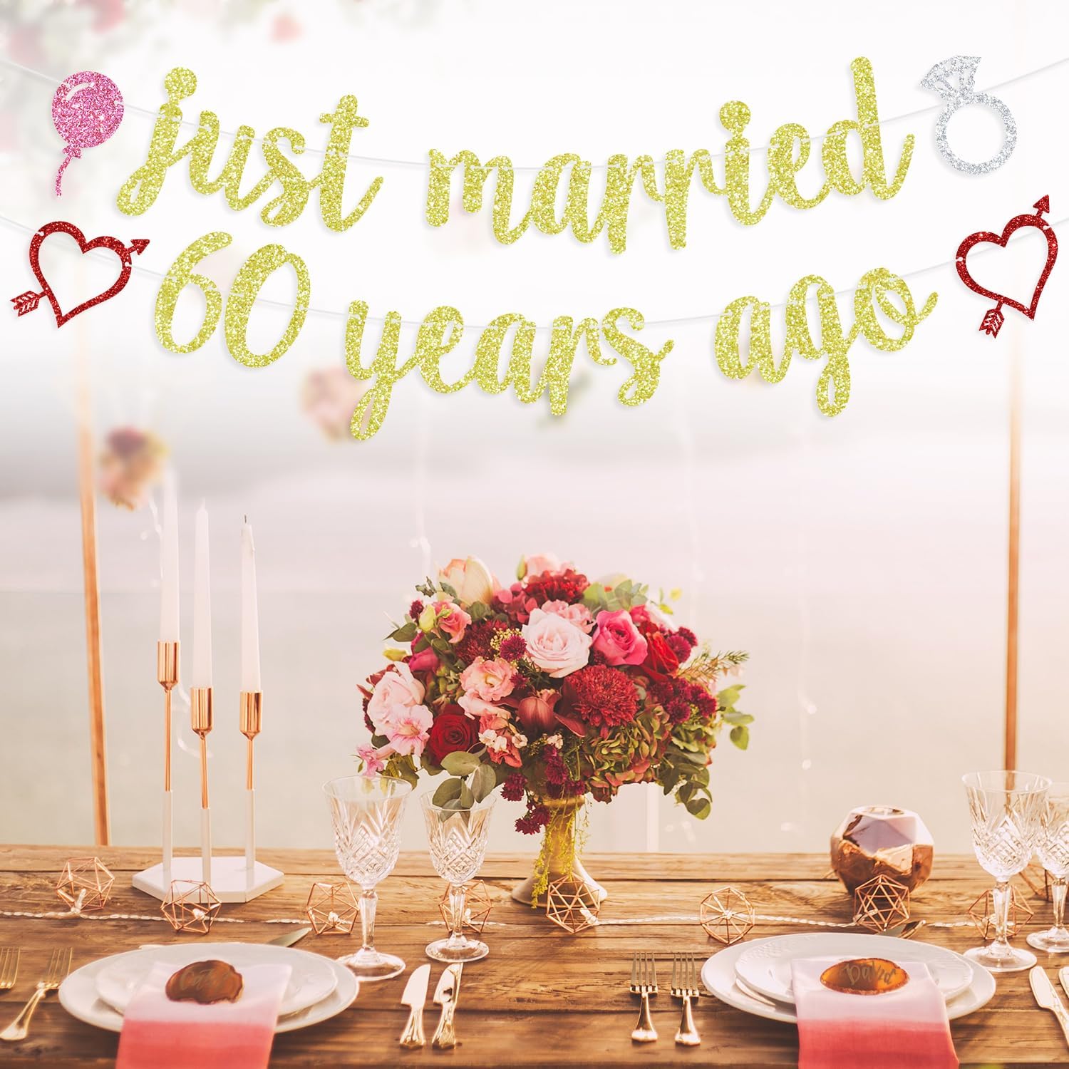 Just Married 60 Years Ago Banner, 60th Wedding Anniversary Party Decorations, 60 Years Blessed&Loved Happy 60th Wedding Anniversary Party Backdrop Sign Decoration Supplies for couples, Gold Glitter - Image 3