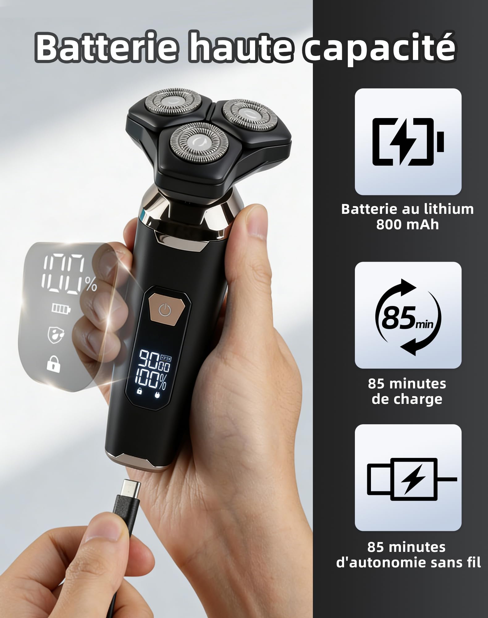 UTK Rasoir Electriques Hommes, Nouveau Rasoir Homme Sans fil 3 En 1 (2025), Étanche Ipx7, avec Accessoire Nez/Favoris, Utilisation sur Peau Sèche Ou Humide, Écran Led, Cadeau Papa, Idee Cadeau Homme