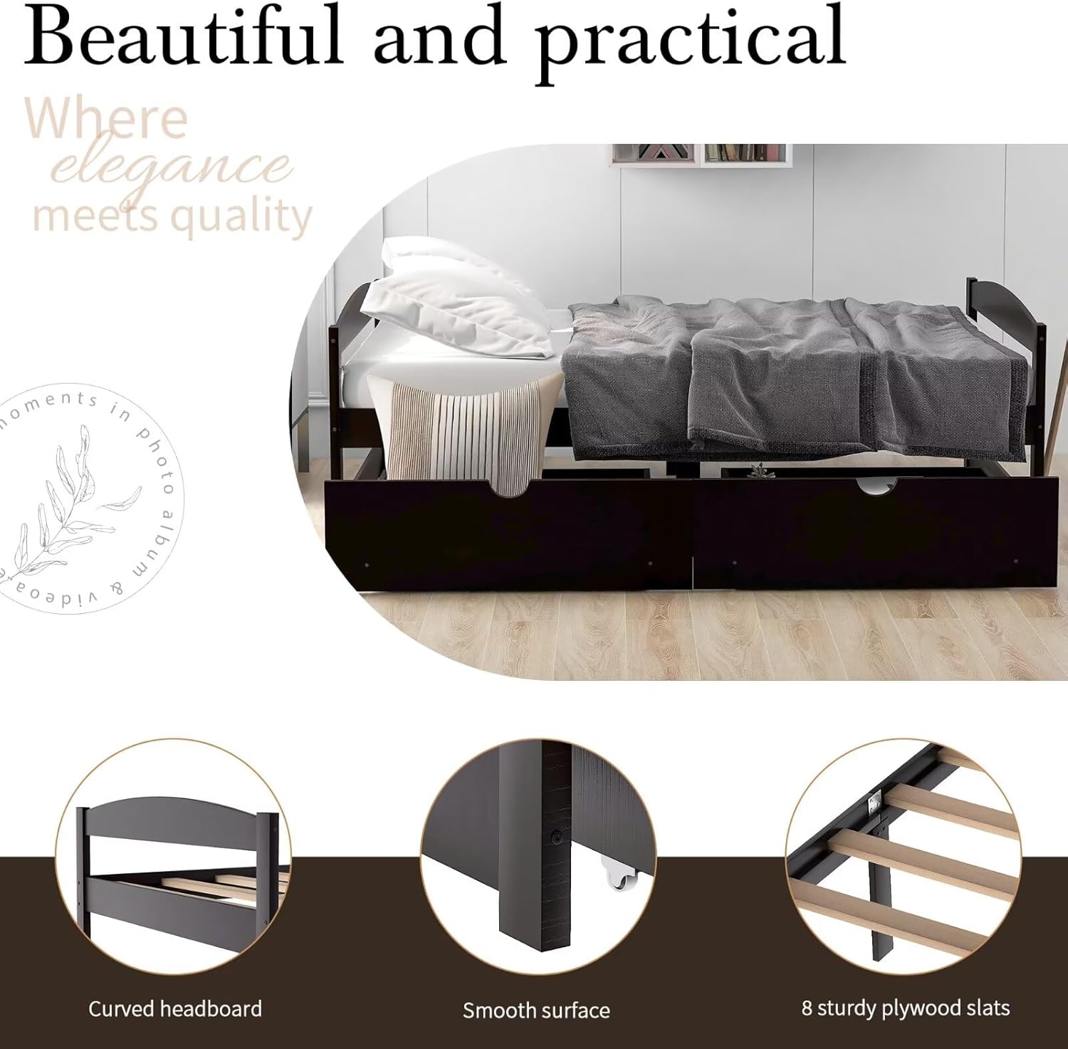 Merax Twin Size Platform Bed Frame with 2 Storage Drawers, Mattress Foundation with Wooden Slats Support, Low Headboard/Footboard/Under Bed Storage/No Box Spring Needed/Twin Size Espresso