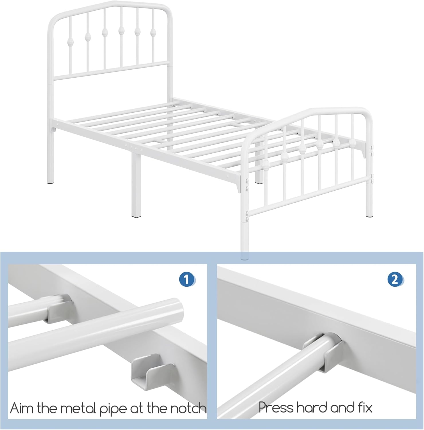 Yaheetech Metal Bed Frame Twin Size Metal Platform Bed Frame with Victorian Style Headboard/Footboard/Easy Assembly/No Box Spring Needed/White Smoke - Image 8