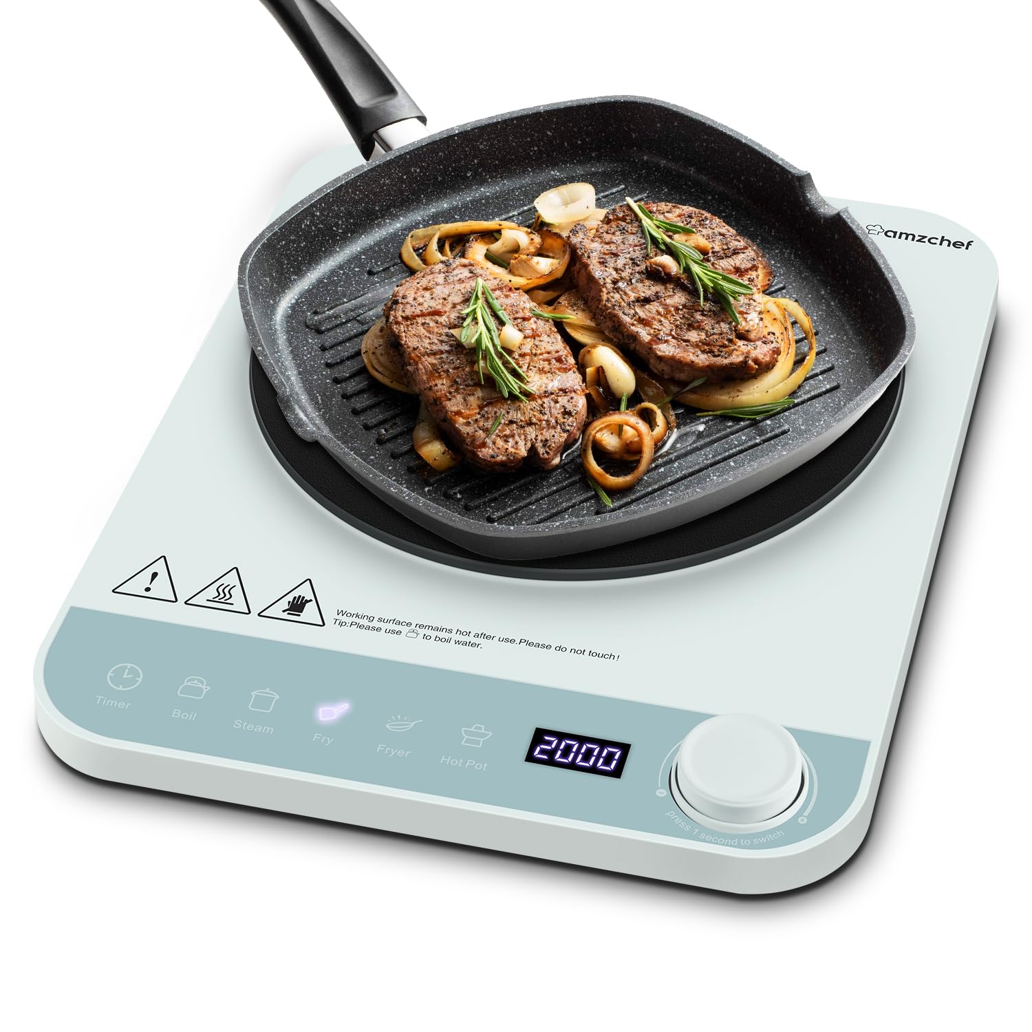 AMZCHEF Induktionskochfeld mit Elektronischer Drehknopf, Schlankem Design, 10 Leistungs- und Temperaturstufen, Zeitschaltuhr, 2000W Blau