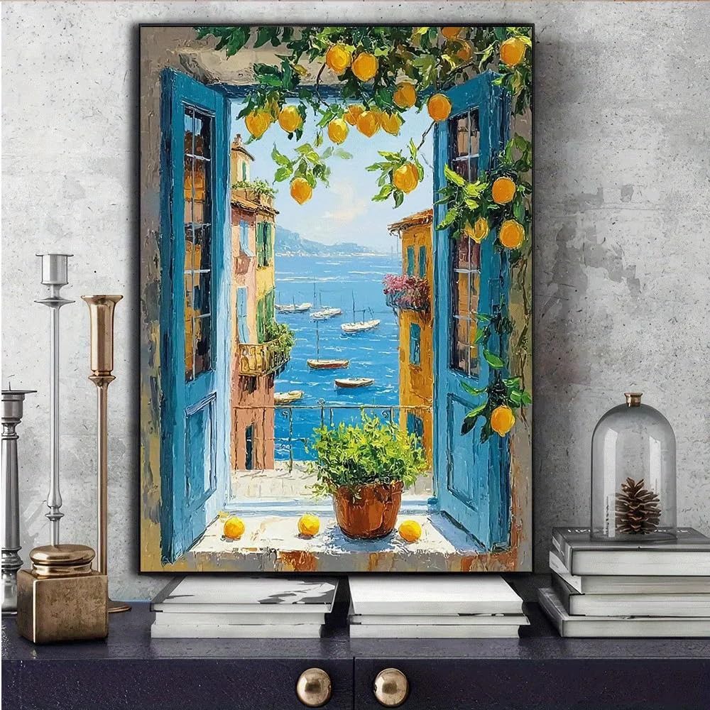 Dittelle Quadri decorativi con paesaggio marino visti dalla finestra, adatti per soggiorni, camere da letto, corridoi, bar, caffè e ristoranti (30x40 cm/cornice interna)
