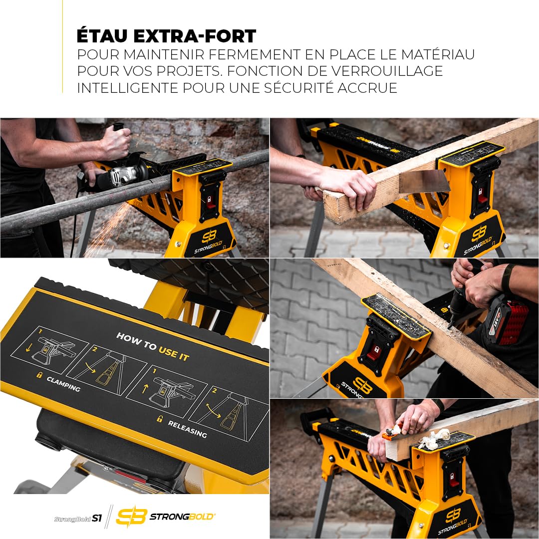 S1 Étau Tréteau Mobile - Établi de Serrage Multifonctionnel Pliable Charge Lourde | Grande Capacité 95 cm, Force de Serrage 10kN pour Menuiserie et Atelier