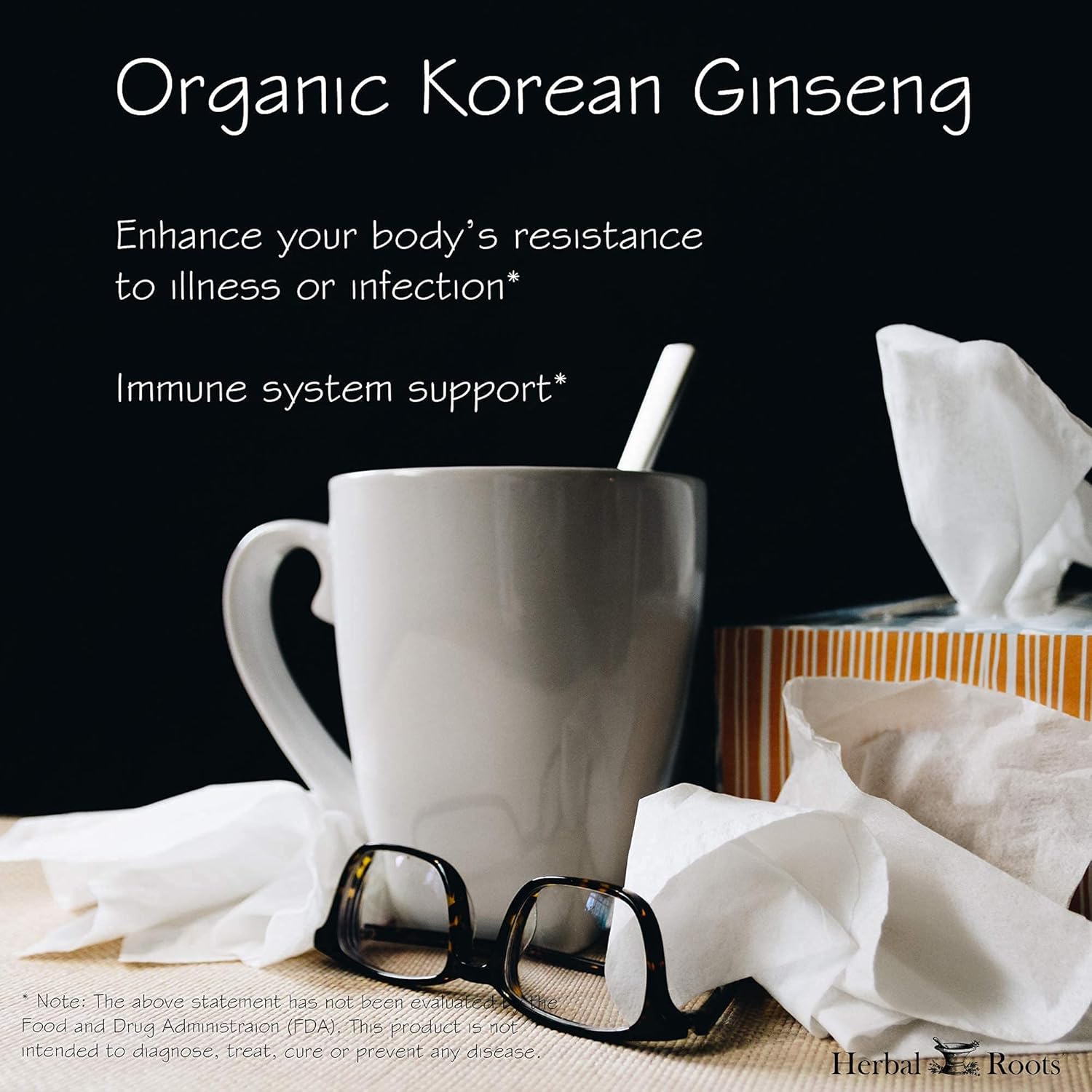 Herbal Roots Panax Ginseng - Organic Korean Ginseng Root Powder - 1000mg - High Ginsenosides for Energy, Focus & Performance - 60 Vegan Capsules Made in The USA : Health & Household