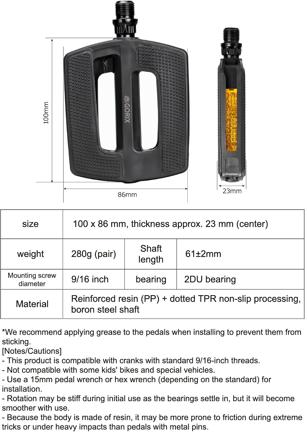 GORIX Bicycle Flat Pedals Reflector Lightweight Non-Slip Resin Road Mountain Bikes (GX-SAND888)