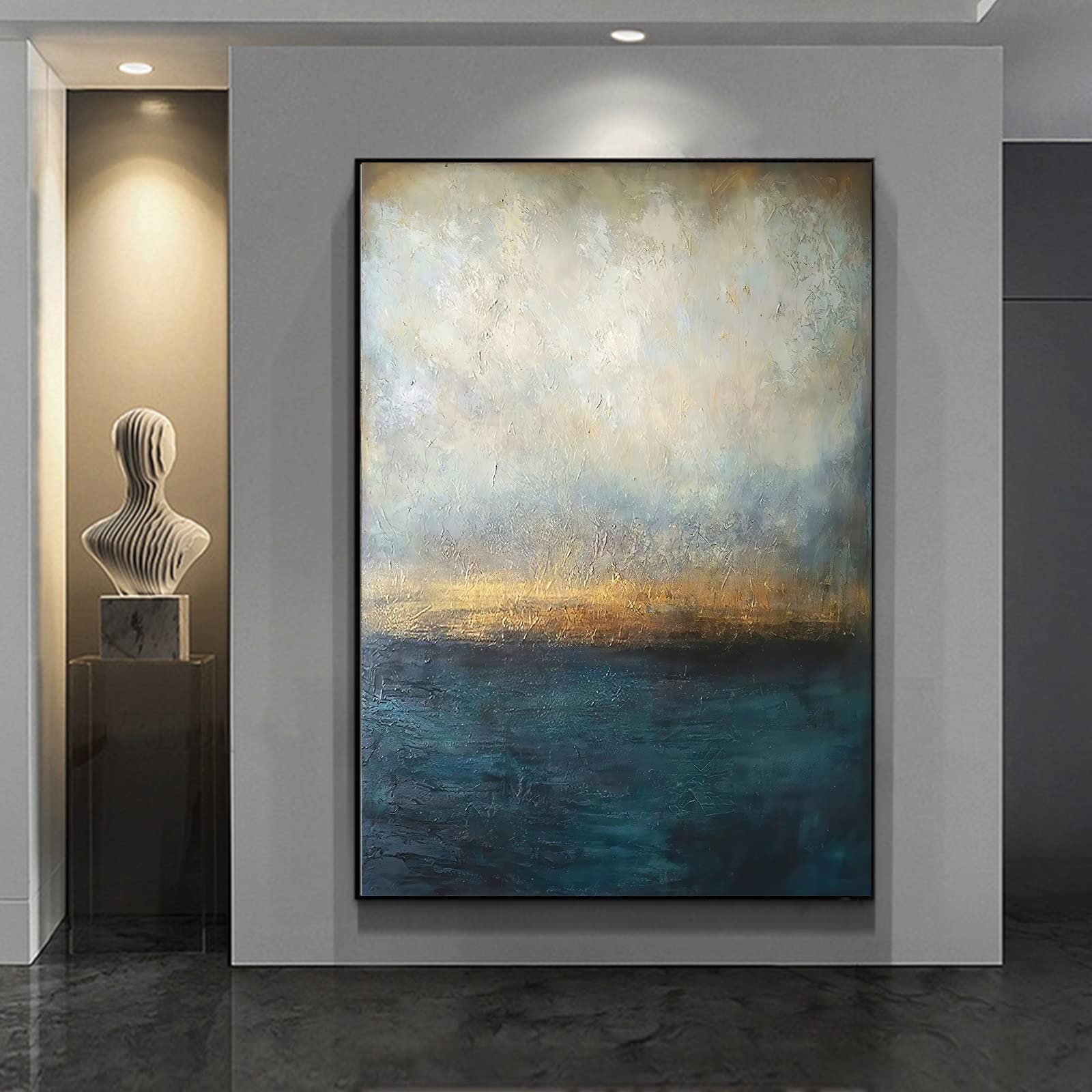 Abstract Sea Canvas Paintings Blue Yellow and Grey Wall Art Beach Sunrise Poster Brown and Blue Artwork for Walls Textured Canvas Pictures Gold Foil Paintings Wall Decor for Room 16x24inch Unframed