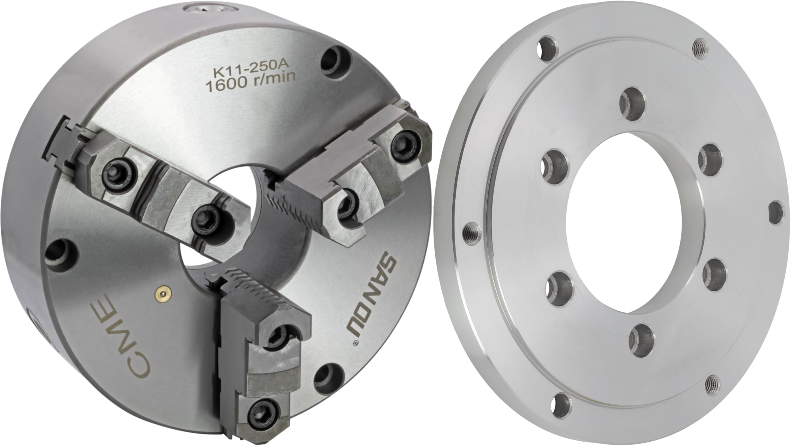 CME 10" 3-Jaw Self-Centering (Scroll) Lathe Chuck with A2-6 Short Taper Backing Plate, Two-Piece Reversible Jaws