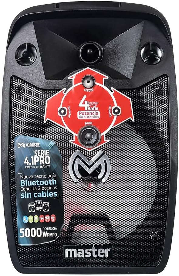 Blaen view of the Master MA-8.1K speaker, showcasing the speaker grille and integrated LED lighting.