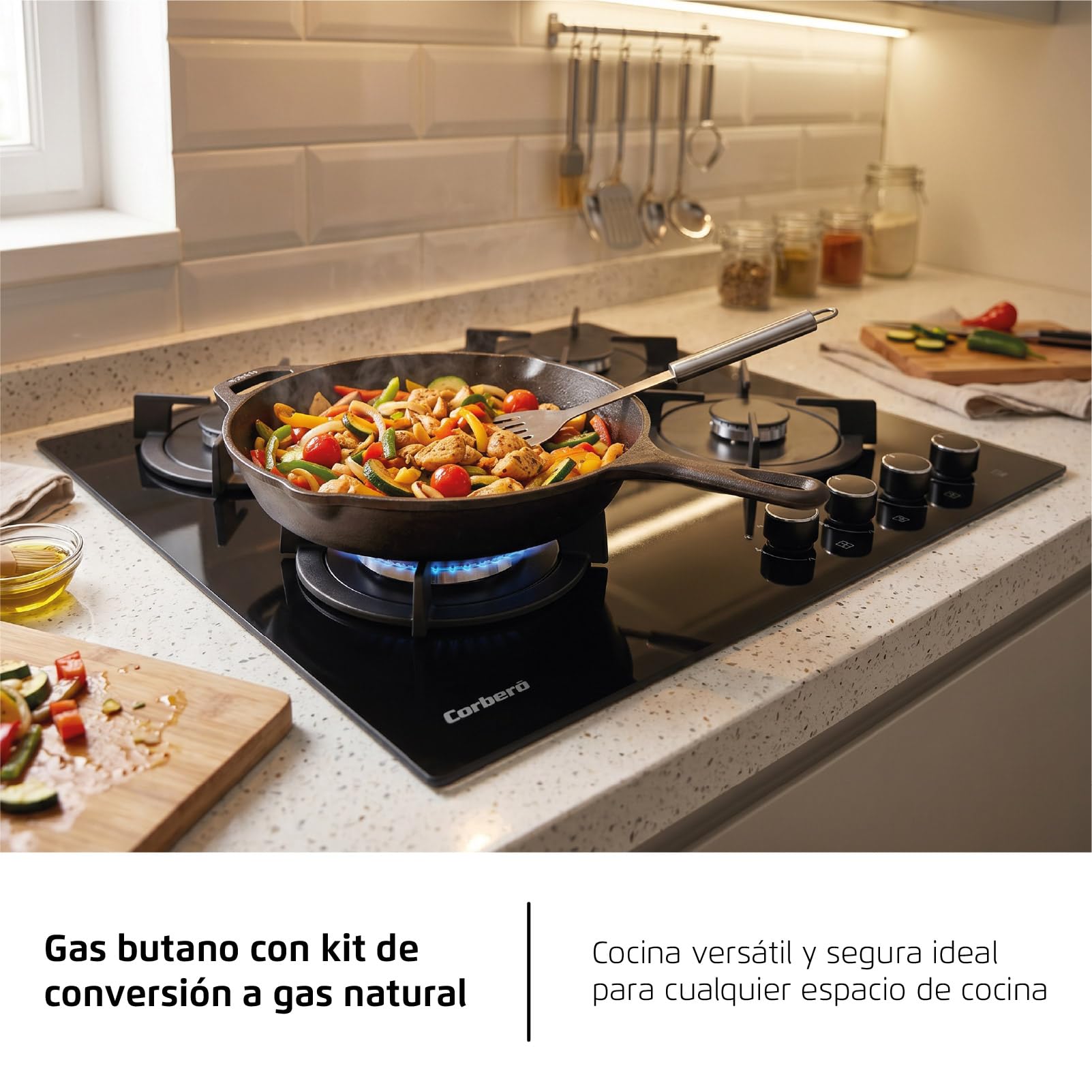Żeliwo - szklana płyta gazowa 60 cm | CPG406N | 7,2 kW | 4 strefy | sterowanie boczne | żeliwny grill | bezramowy | zestaw do konwersji | zawór bezpieczeństwa i automatyczne wyłączanie | czarny