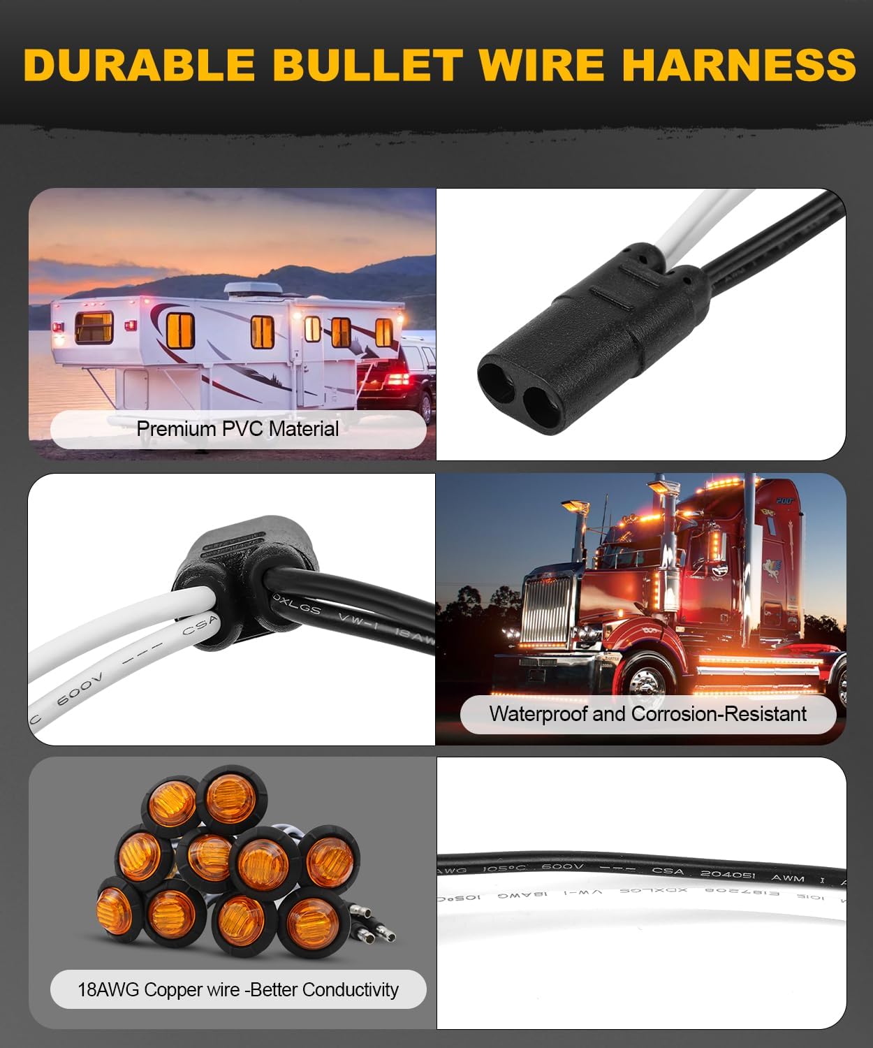 20 Pcs 3/4" Amber LED Marker Lights with Connector Plug + Double Female 2 Prong Wire Harness Roll, Clearance Lights LED Side Marker Lights for Truck Trailer RV Pickup Semi-Trucks Plug and Play