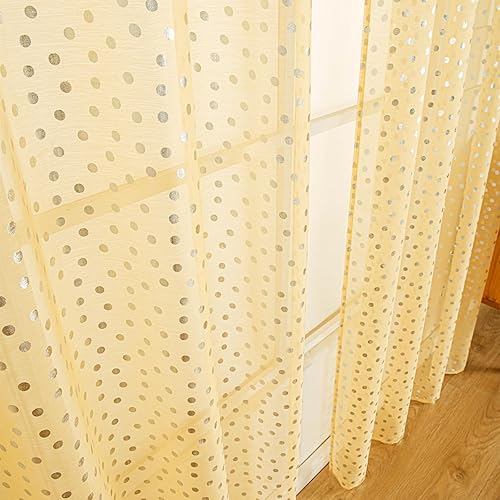 Miniatura 6 de Deeprove Juego de 2 paneles de cortinas traslúcidas amarillas de 84 pulgadas de largo, estampado de lunares metálicos plateados, tratamientos de