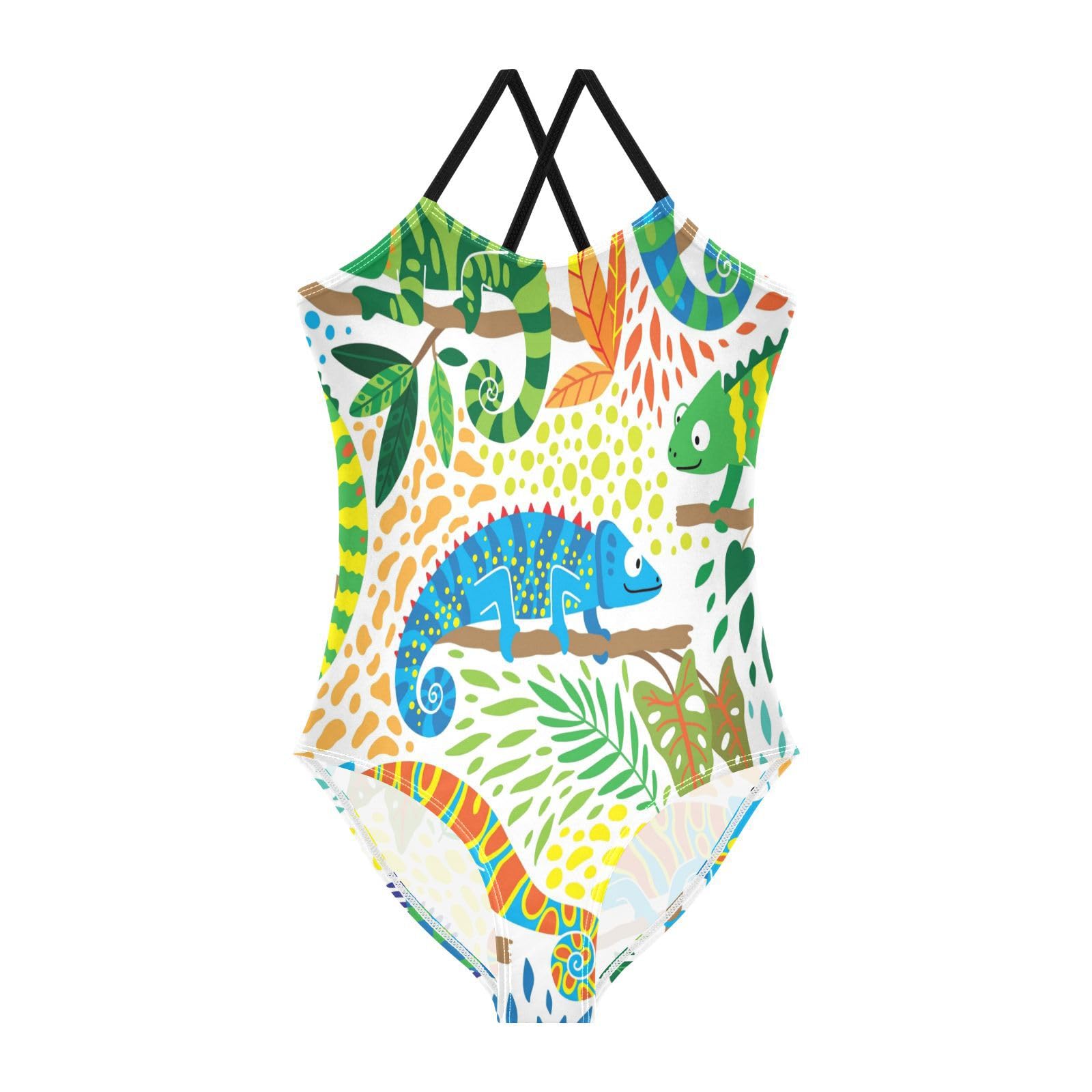 Tropical Chameleon Plants Girls One Piece Swimsuit Beach Swimwear Quick Dry Kids Bathing Suits 5-6T