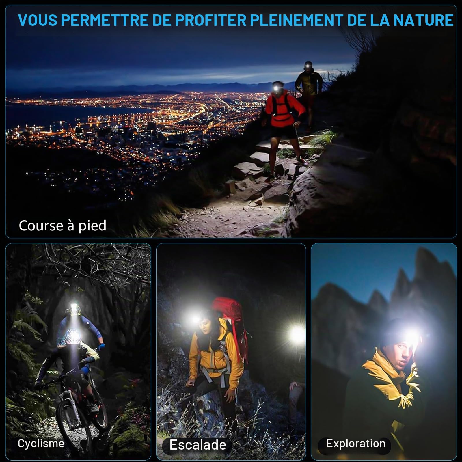 AMAKER Lampe frontale LED rechargeable, 9000 mAh longue batterie avec 5 modes, IPX7 étanche, rechargeable par USB, lampe frontale zoomable pour adultes, réglable à 90° pour camping, chasse, escalade