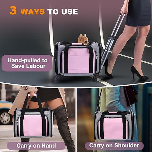 Miniatura 7 de Transportador de mascotas aprobado por aerolíneas sobre ruedas, transportador suave expandible de dos caras para cachorros y gatos de menos de 26
