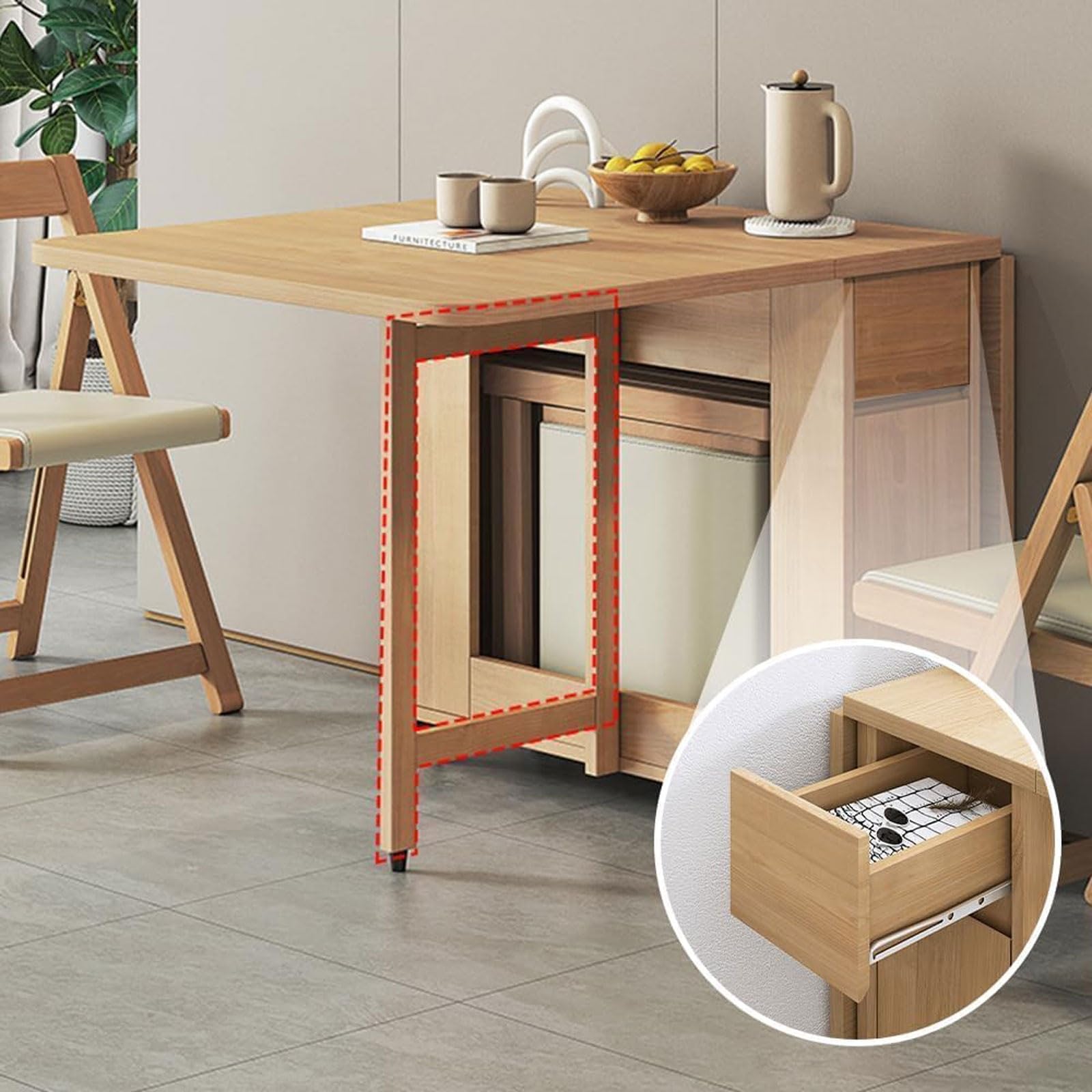 Juego de Mesa de Comedor Plegable, Comedor Extensible Que Ahorra Espacio con 2 cajones de Almacenamiento Ocultos y 4 Ruedas, Mesa Auxiliar abatible for Apartamentos y hogares