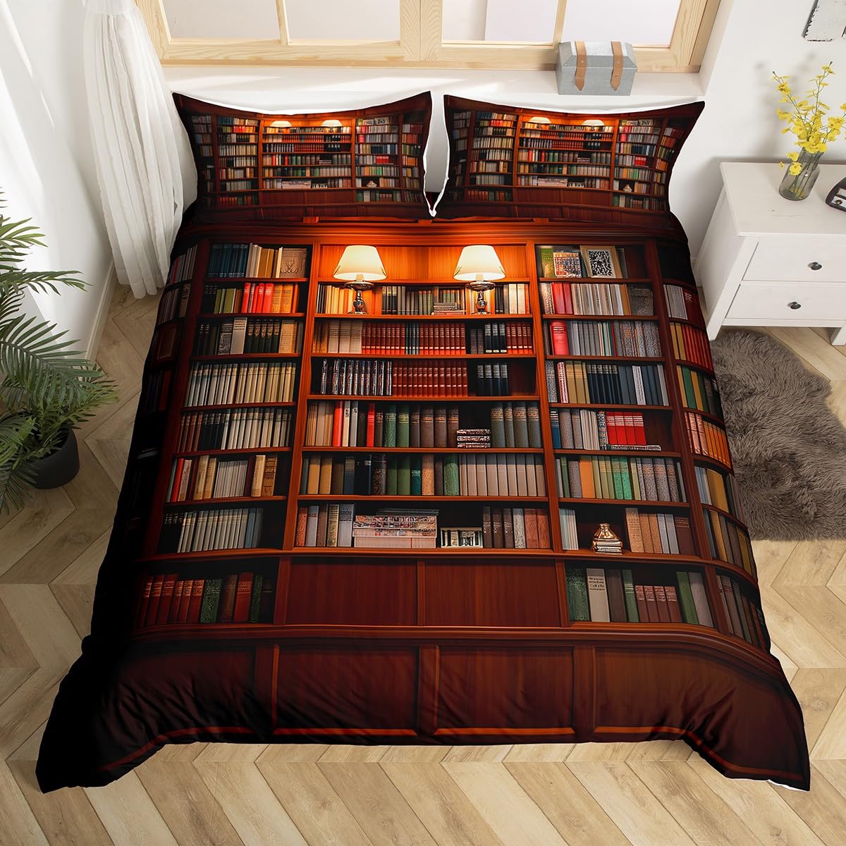 Loussiesd Library Bookcase Duvet Cover Single Size Vintage Library Books Bedding Set for Kids Boys Girls Comforter Cover Retro Bookshelf Academic Collection Bedroom Decor 2Pcs with 1 Pillow Cases — image 1