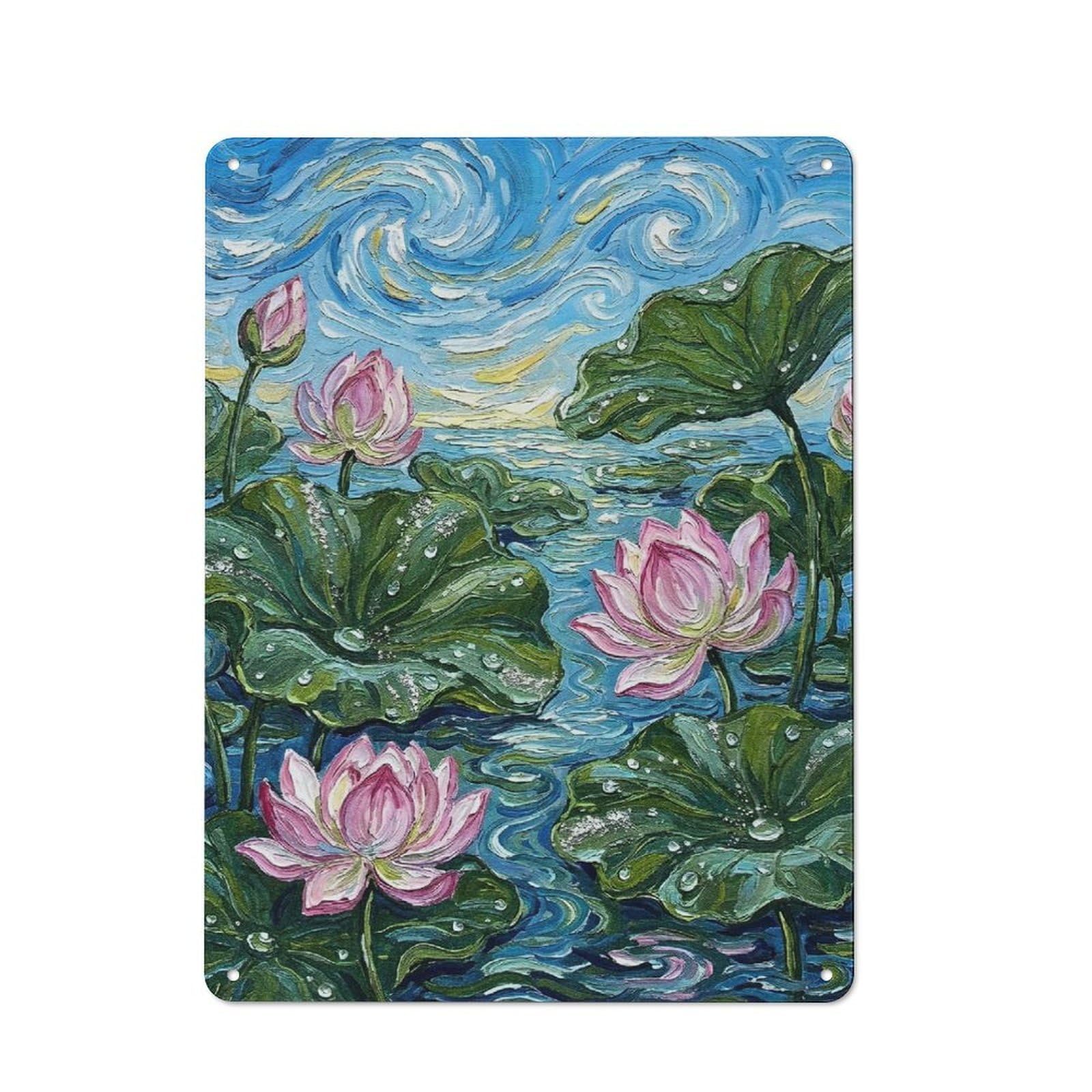 Junmoney Style-16 Tin Wall Plaque 40X30cm With Impressionist Lotus Pond Painting For Hobby Room Or Studio, For Kitchen, Dining Room And Home Bar Wall Decor