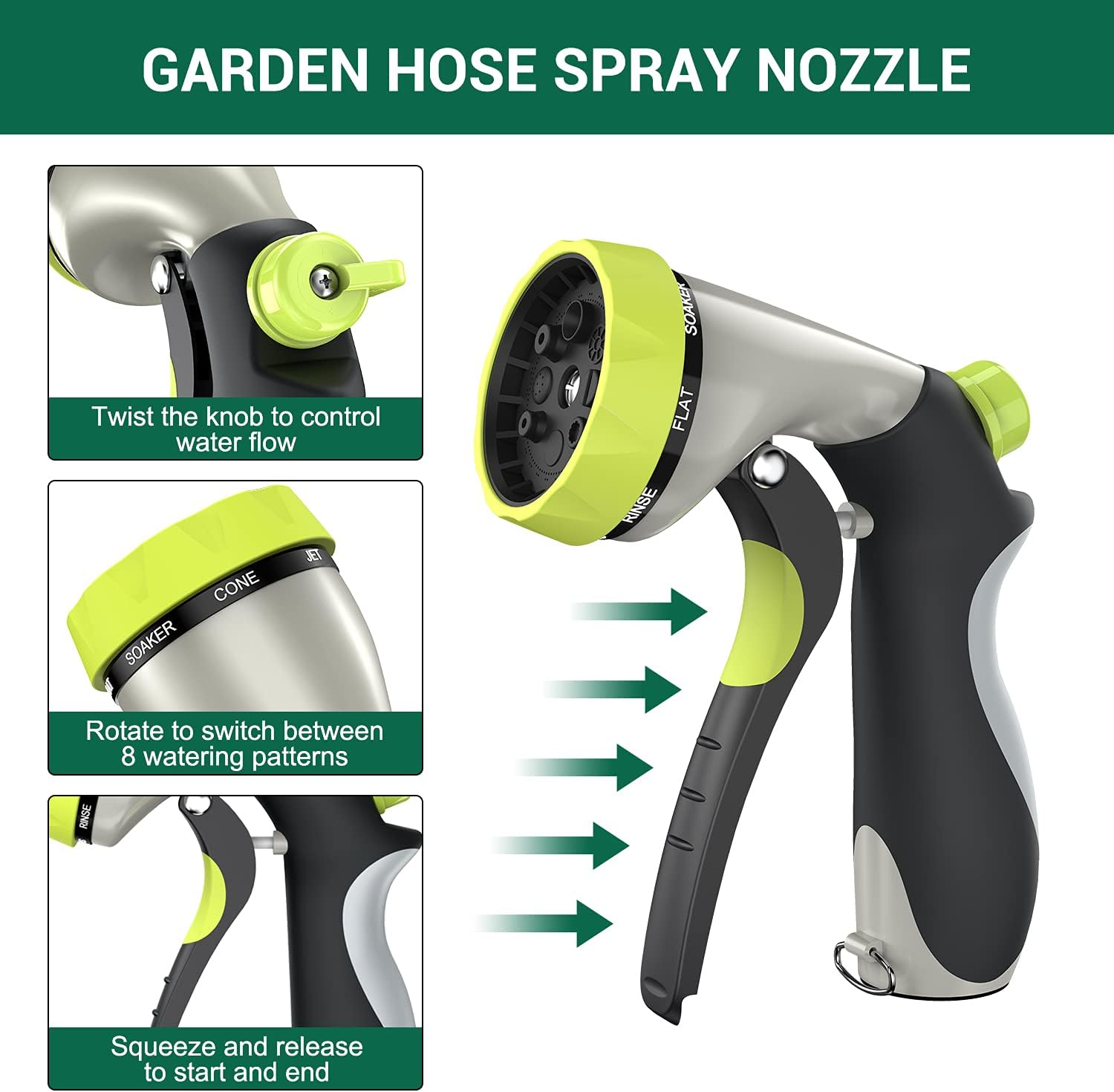 Garden Hose Sprayer Nozzle, Heavy Duty Zinc Alloy Water Spray Nozzle With 8 Adjustable Watering Patterns, Water Pressure Control Valve for Yard, Garden Watering, Pet Cleaning : Patio, Lawn & Garden