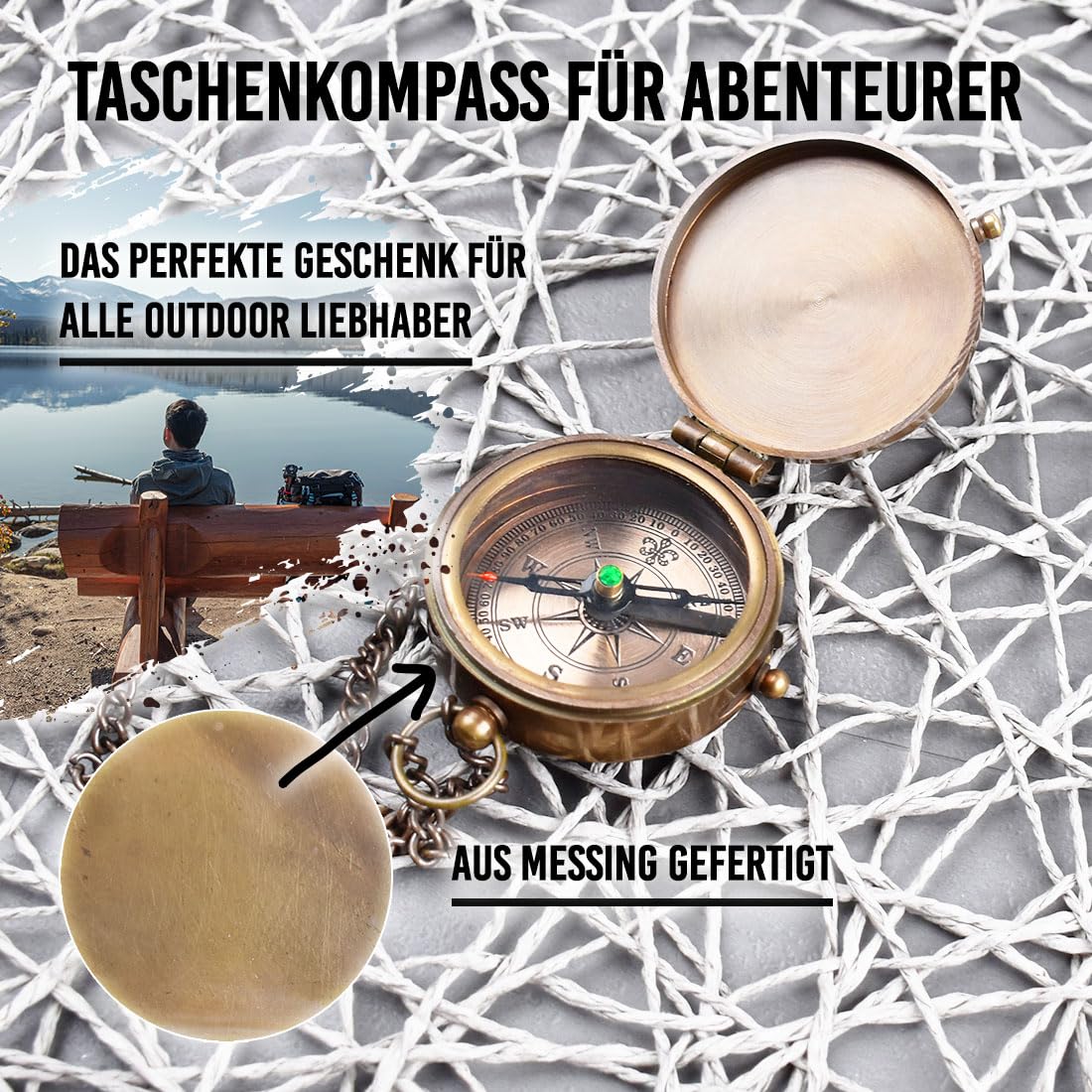 polar-effekt Bronze Metall Kompass mit Gravur - Geschenke für Frauen & Männer - Taschenkompass für Outdoor & Camping - Wanderkompass mit Metallkette