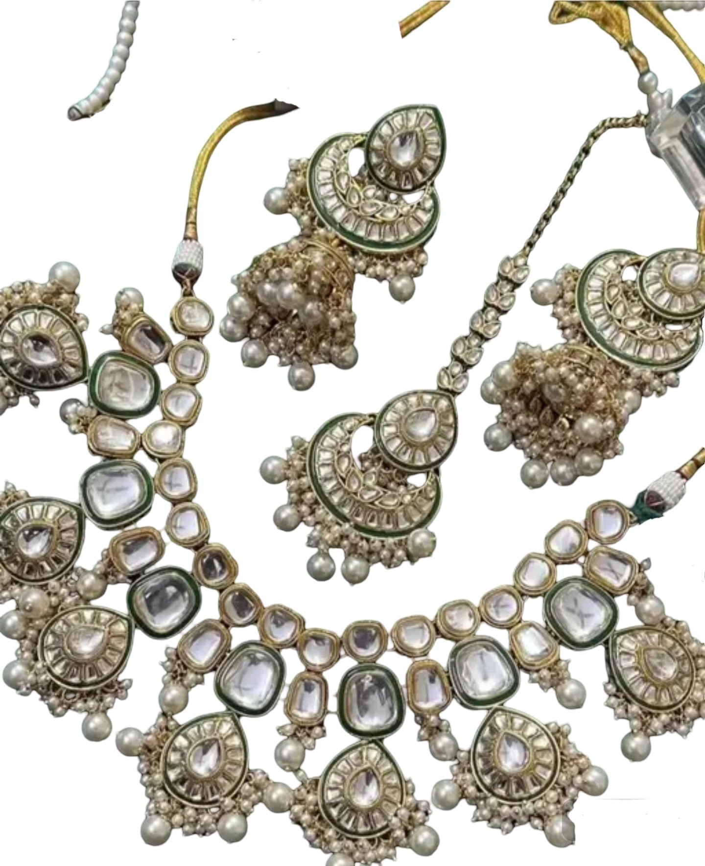 Juego de collar tradicional de perlas Kundan con aretes para regalo de compromiso 2
