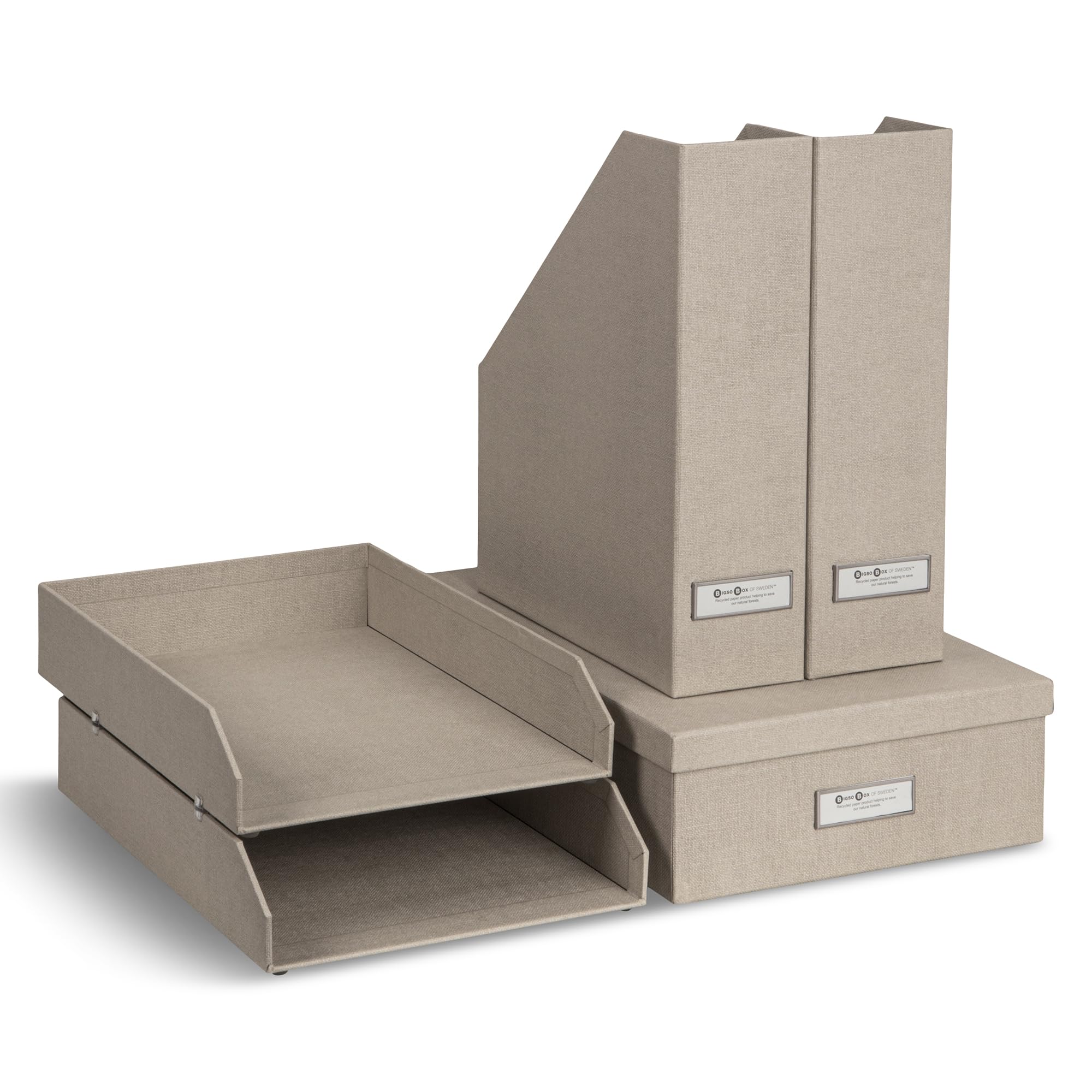 BIGSO HOLGER 5-teiliges Schreibtisch Set – Ordnungssystem mit 2 Stehsammlern, 2 Briefablagen und einer Box – Organizer aus Faserplatte und Papier in Leinenoptik – beige