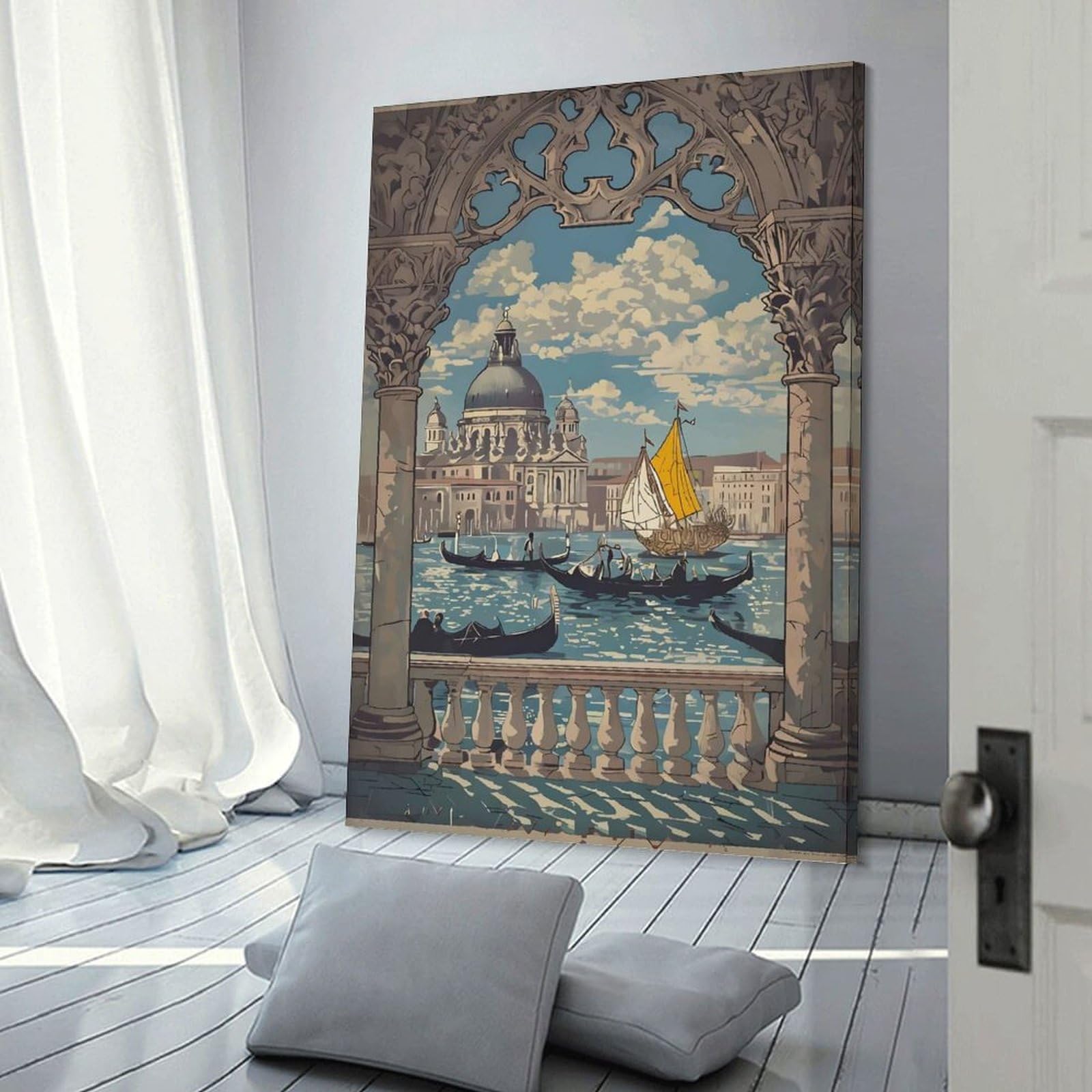 Junmoney Venice Gondola Scene Home Decor Wall Art 24x36inch(60x90cm), for Office, Study Or Home Workspace, Home Office Artwork with Decorative Appeal