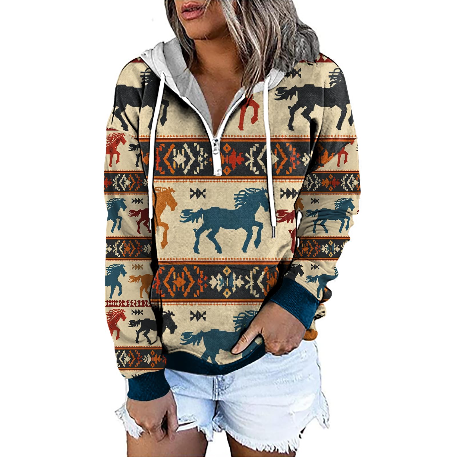 domirica Aztec Ethnic Print Sweatshirts for Women Long Sleeve Half Zip Pullover Oversized Cotton Fall Hoodies with Pockets