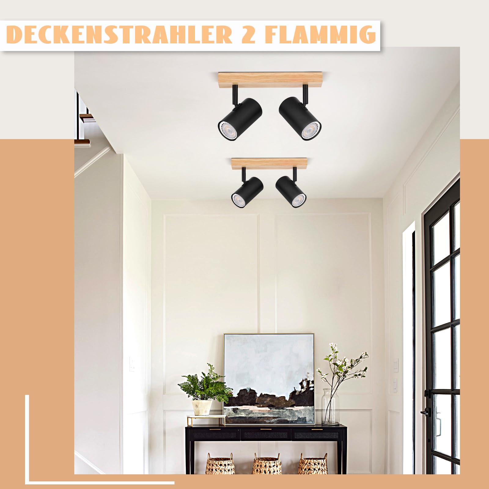 Glitzerlife Deckenstrahler 2 Flammig Deckenlampe Holz - Flurlampe Deckenspots GU10 Deckenleuchte Schwarz 350° Schwenkbar Vintage Industrial Retro für Flur Wohnzimmer Schlafzimmer Küche Esszimmer