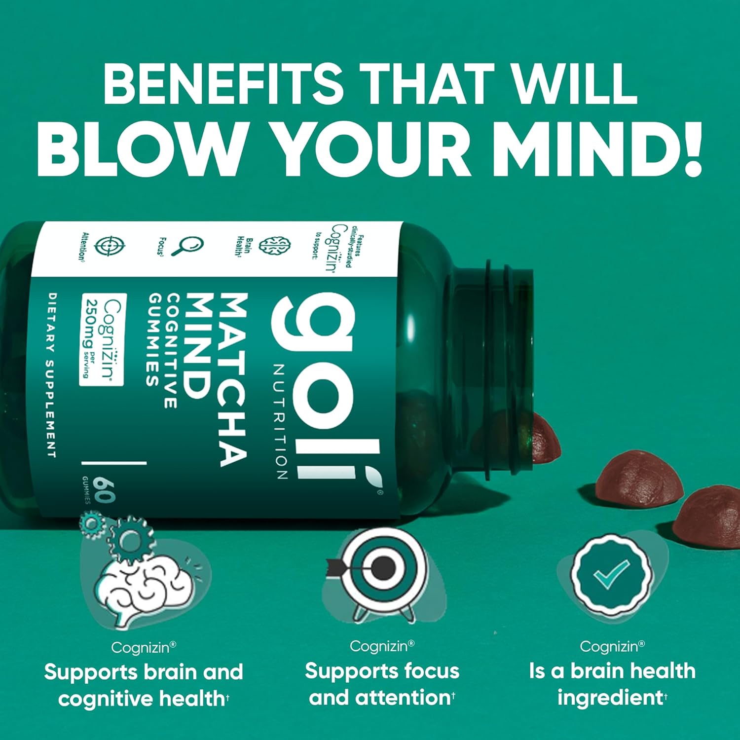 Goli Matcha Mind Cognitive Gummies with Cognizin Citicoline - 250mg Citicoline Plus Matcha Powder - Brain Health and Focus Support - Vegan, Non-GMO, Gluten-Free, 300 Count (5 Pack)