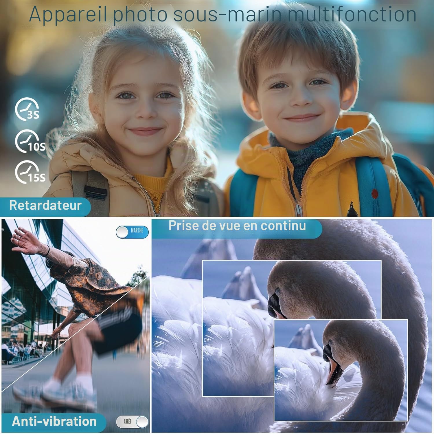 Appareil photo sous-marin 2,7 K - Étanche - Mise au point automatique 56 MP - Avec carte de 32 Go
