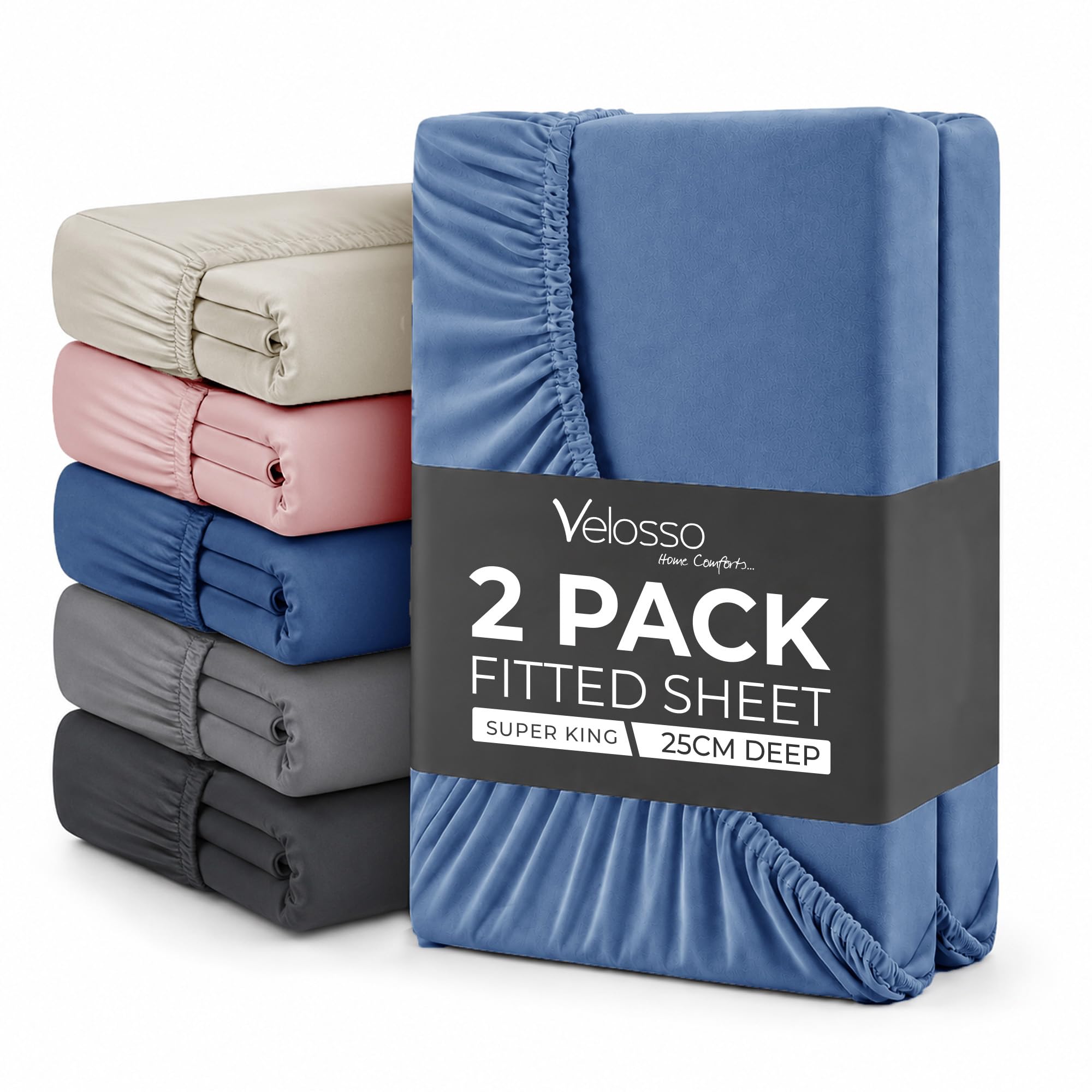 Plain Dye Fitted Sheet 25cms Pocket Soft Brushed Microfibre Fabric Mattress Bottom Bed Sheets (French Blue, Super King 2 Pack)