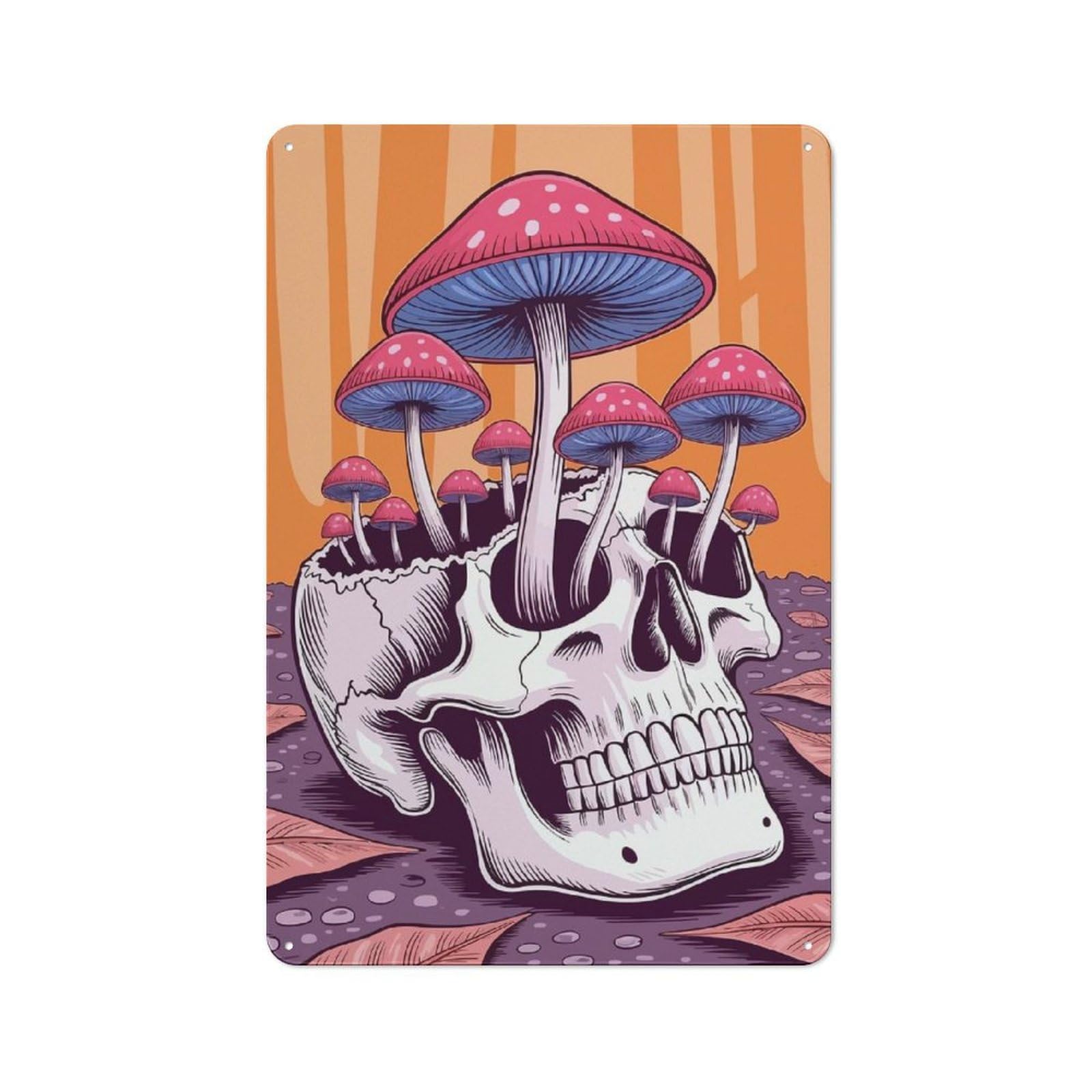 Junmoney Skull With Mushrooms Illustration Vintage Metal Plaque 30X20cm For Workshop Wall, For Kitchen And Home Bar Decor, For Home Office And Studio Walls