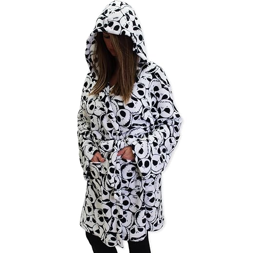 Disney The Nightmare Before Christmas Jack Skellington Adult Plush Hooded Fleece Robe (Small/Medium, White)