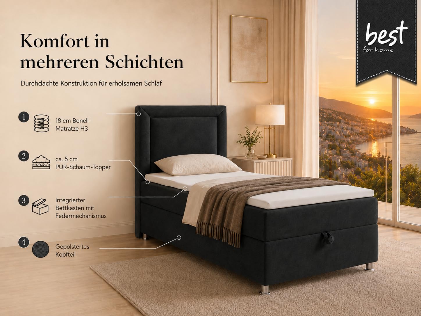 Trinity K3 EinzelBett | Boxspringbett70x200 mit Bonell Federkernmatratze 70x200 | Bett mit Matratze | Bett mit Stauraum | Lieferung an die Bordsteinkante