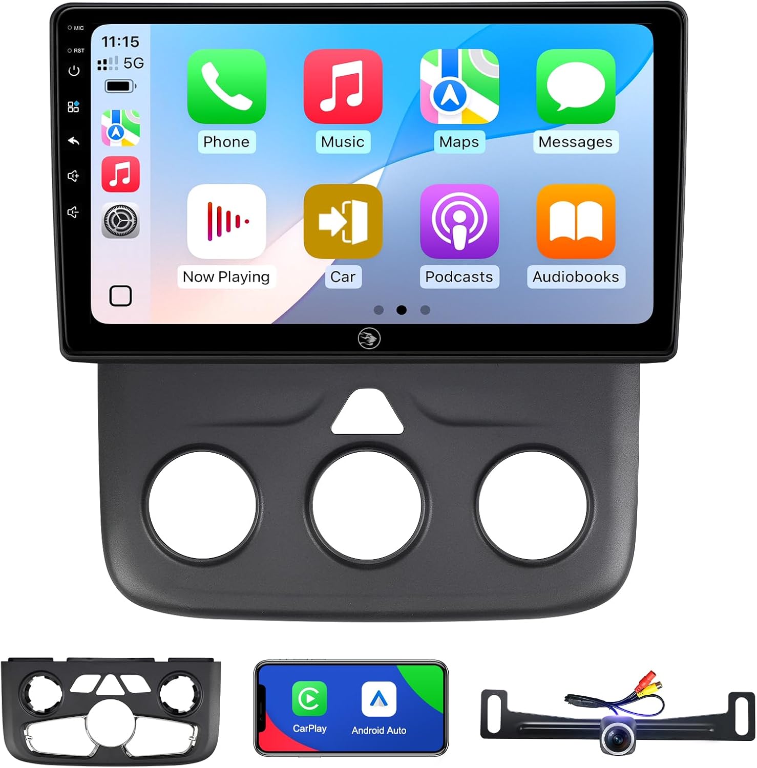 AINAVI 10-inch Car Radio Stereo with display showing CarPlay interface and included accessories